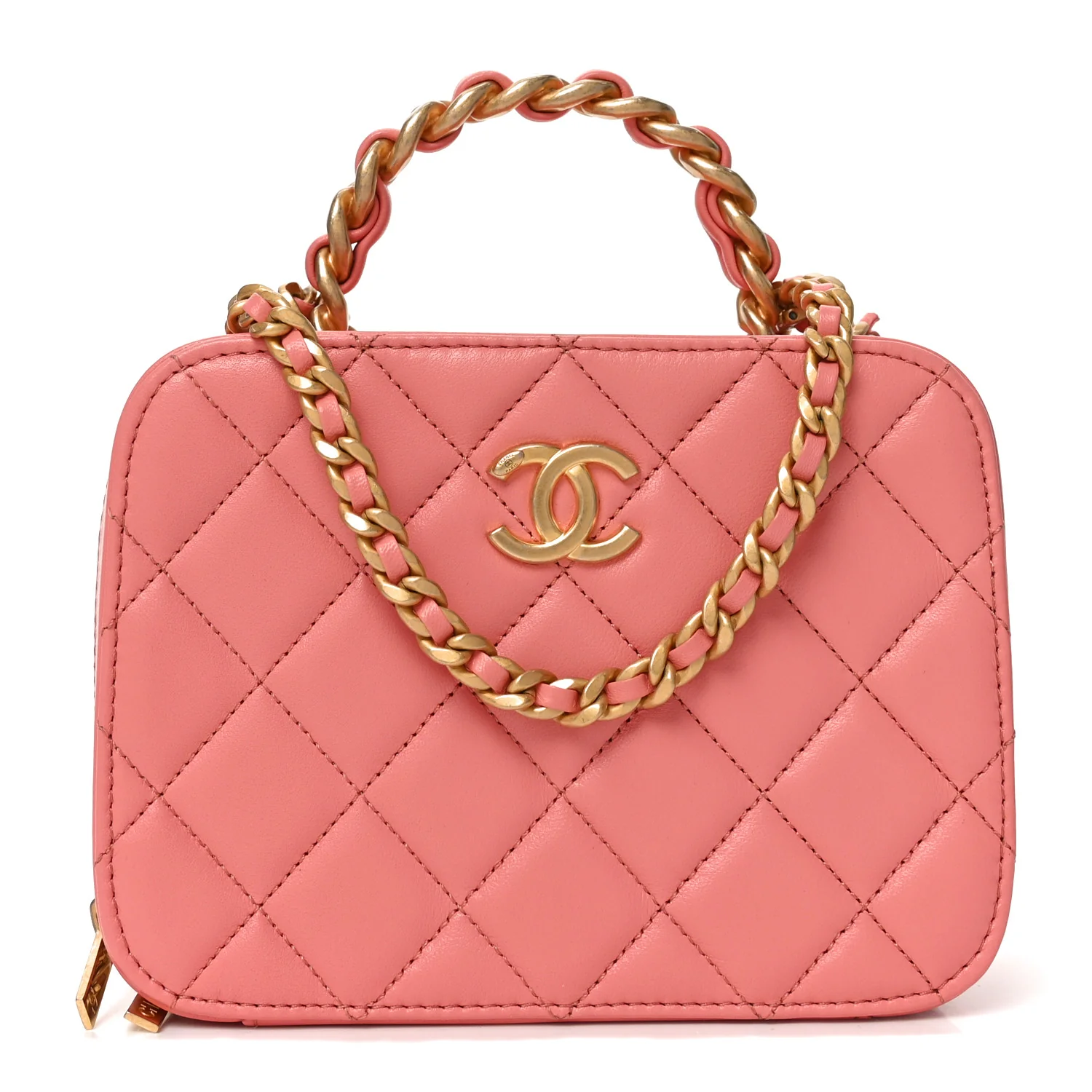 Lambskin Quilted Top Handle Small Vanity Case Pink