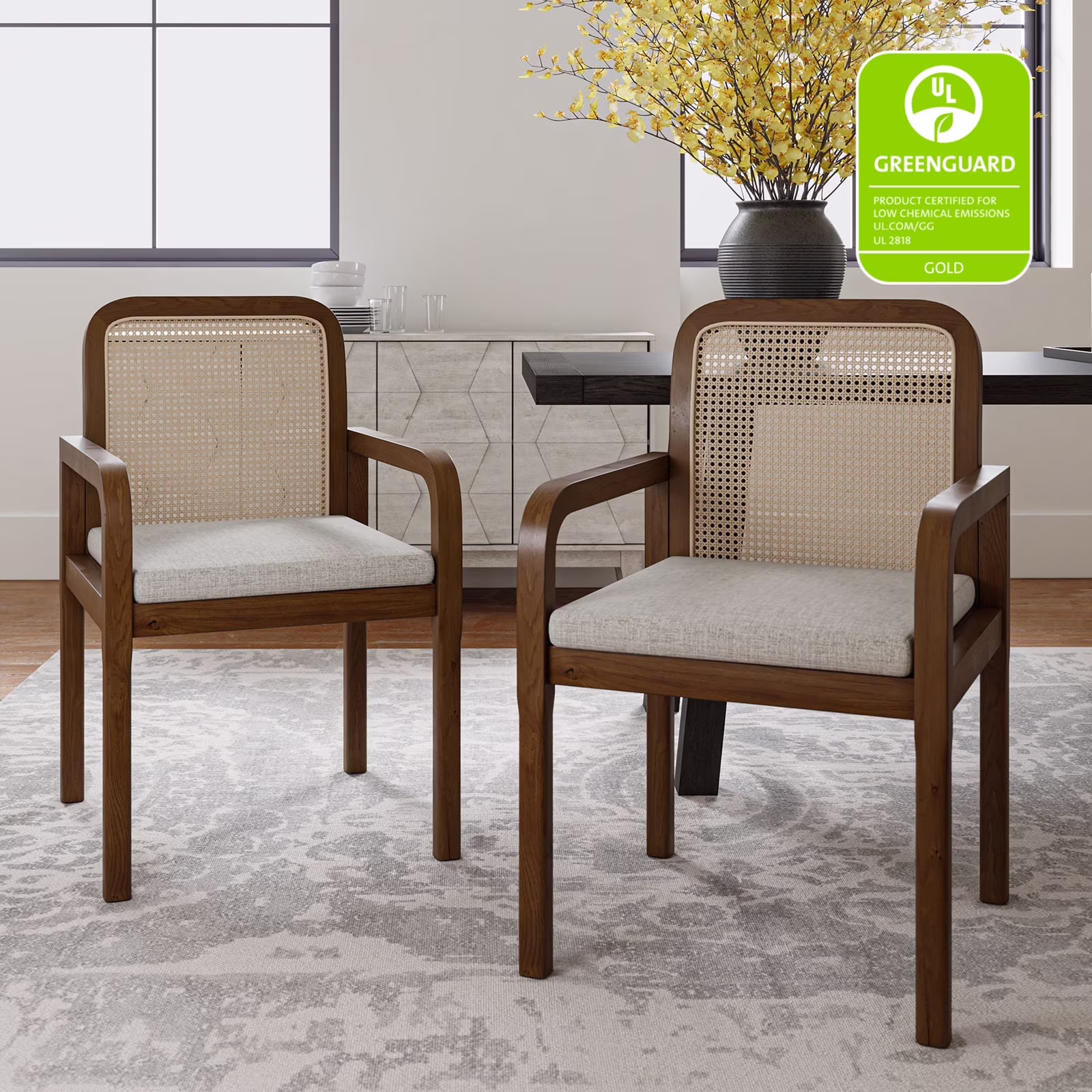 Rattan Dining Chairs Set of 2 Wooden Armchairs Removable Cushion Home Kitchen Restaurant (/2 Pack/Square Rattan)