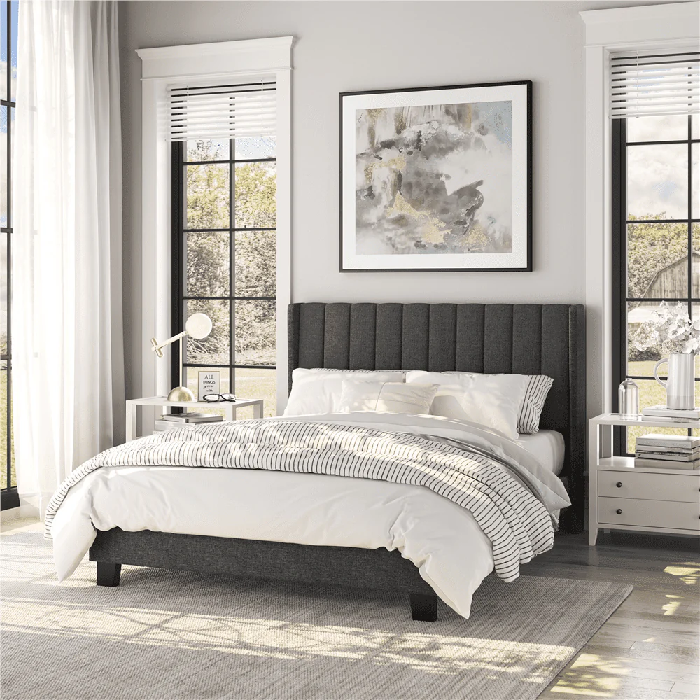 Yaheetech Upholstered Wingback Bed with Support and Mattress Foundation, Queen, Dark Gray(Full/with headboard)