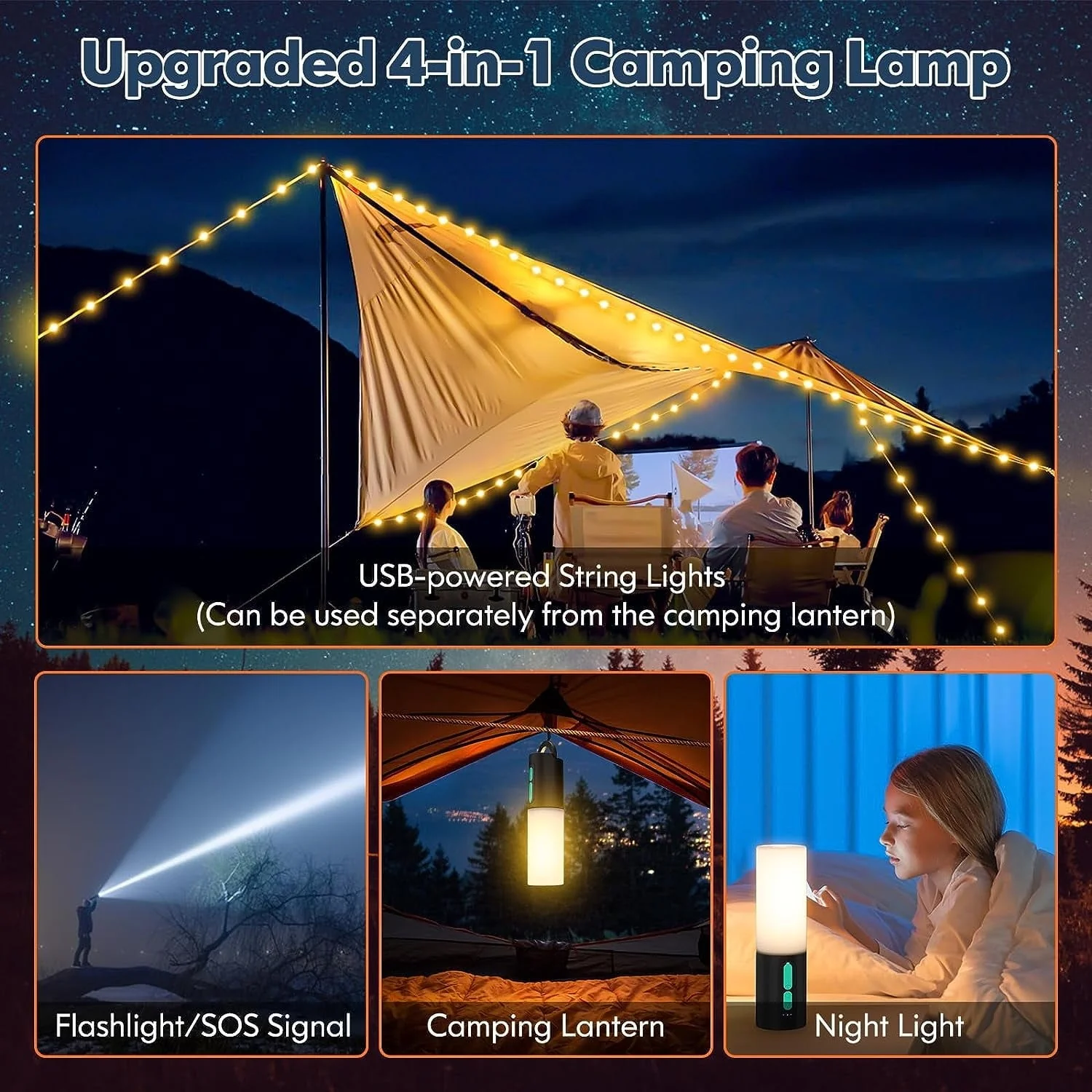 4-in-1 Multifunction Camping Light, 4000mAh Power Bank for Charging, IPX6 Waterproof LED Flashlight, 33ft 100 LED USB Powered String Fairy Lights for Outdoor Tent, Bedroom, Party, Hiking,Wedding