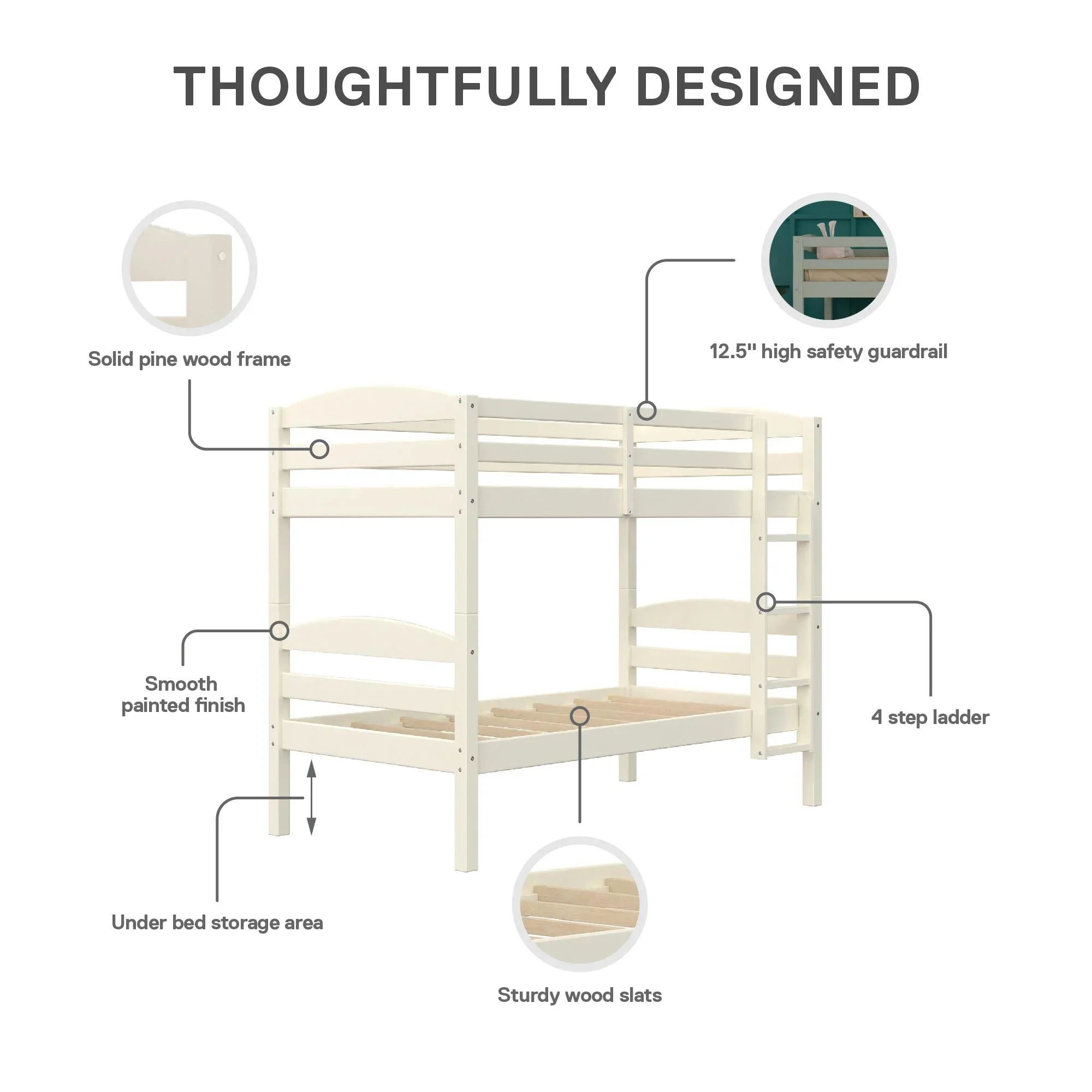 Better Homes & Gardens Leighton Solid Wood Twin-over-Twin Convertible Bunk Bed, Vanilla