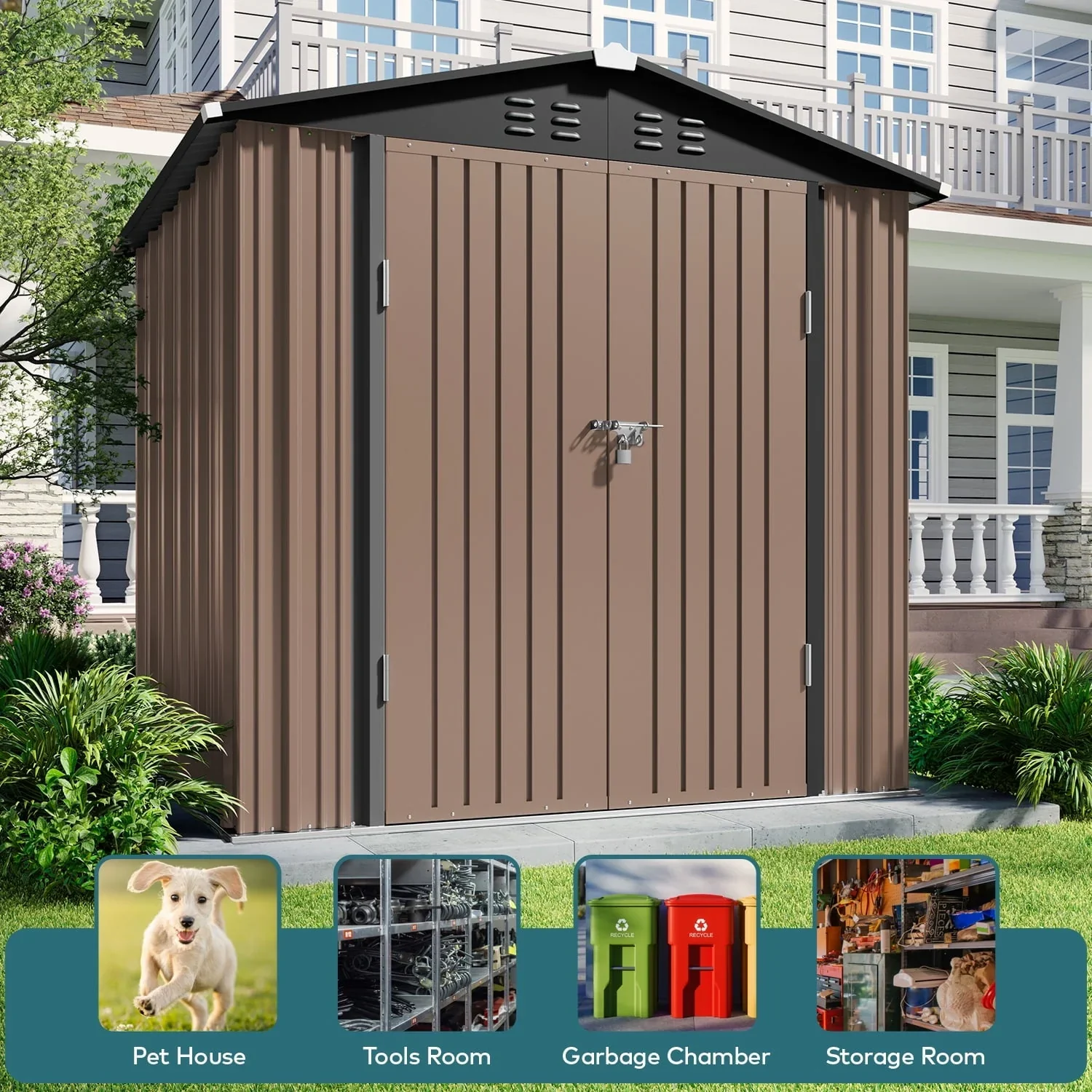 Lofka 6 x 4 FT Outdoor Shed for Storage, Metal Garden Shed with Double Lockable Doors, Brown