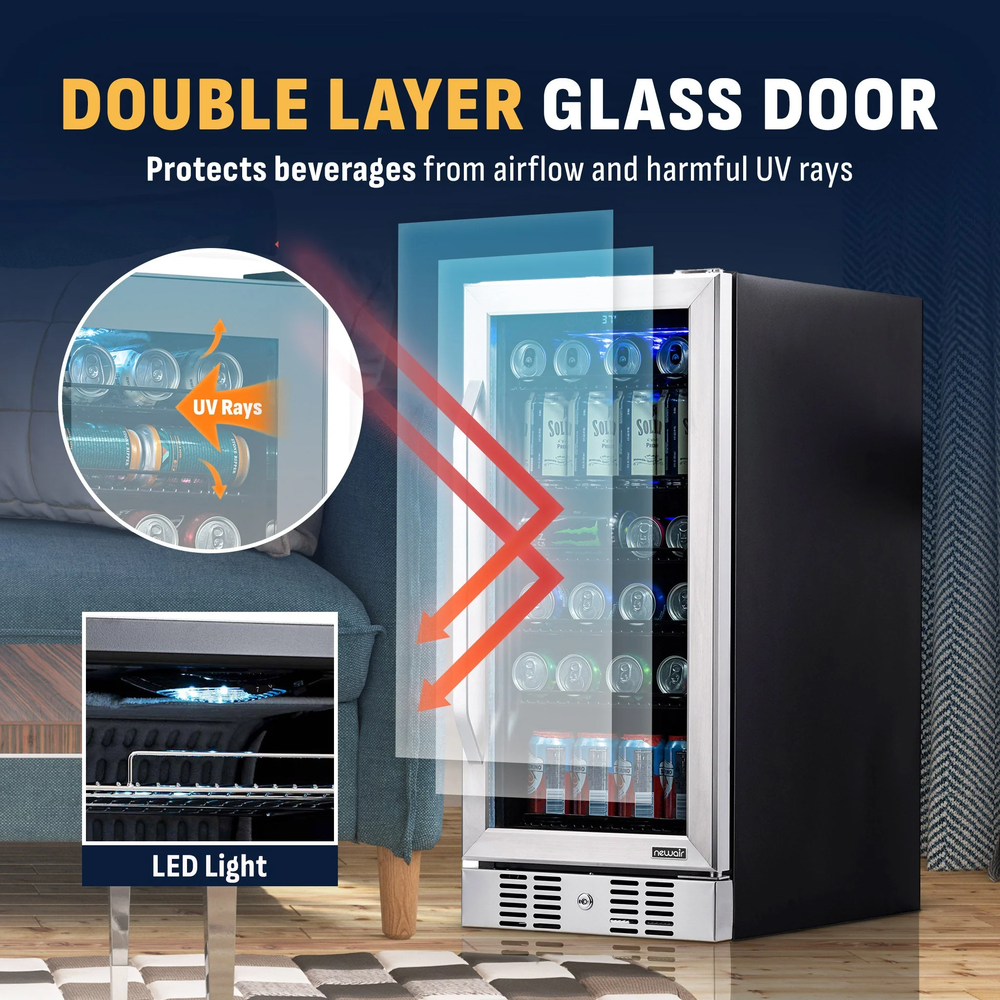 Newair 96-Can Built-In Stainless Steel Beverage Fridge - 15