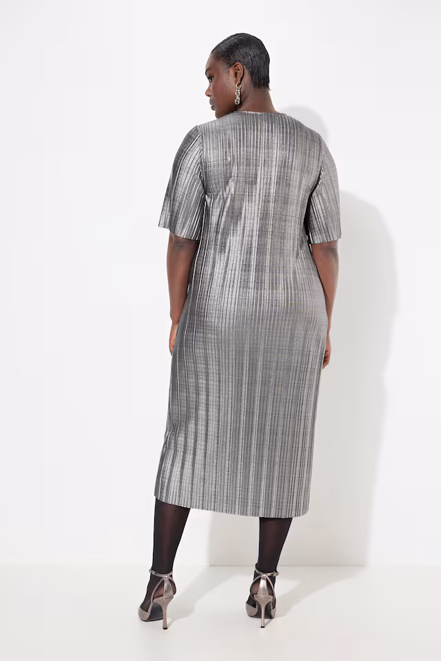 Metallic Pleated Short Sleeve Dress