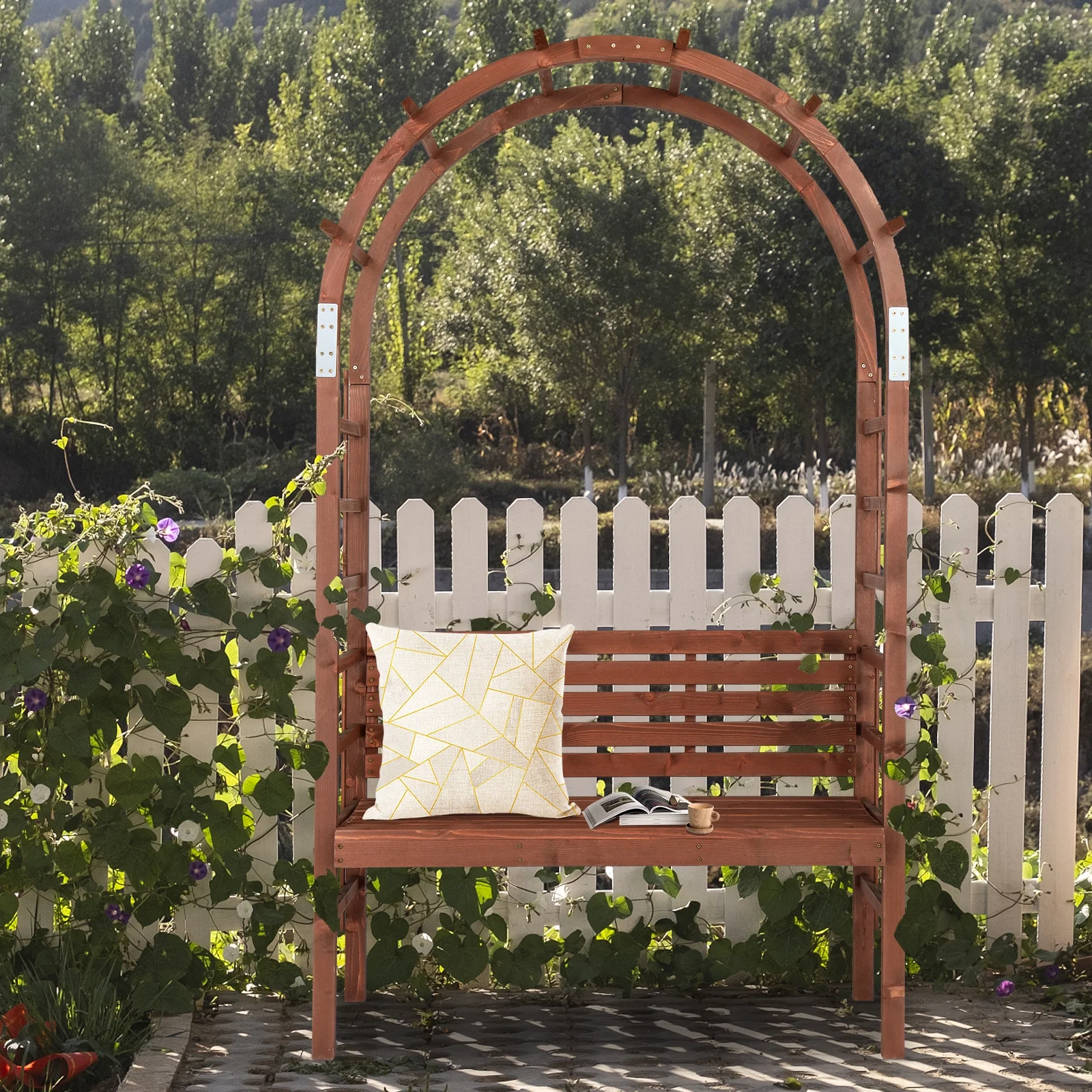 6.8FT Wooden Arch with Bench for 2 People, Garden Arbor Trellis for Climbing Plant, Outdoor Garden Lawn Backyard Patio Decor, Dark Brown - Image 3