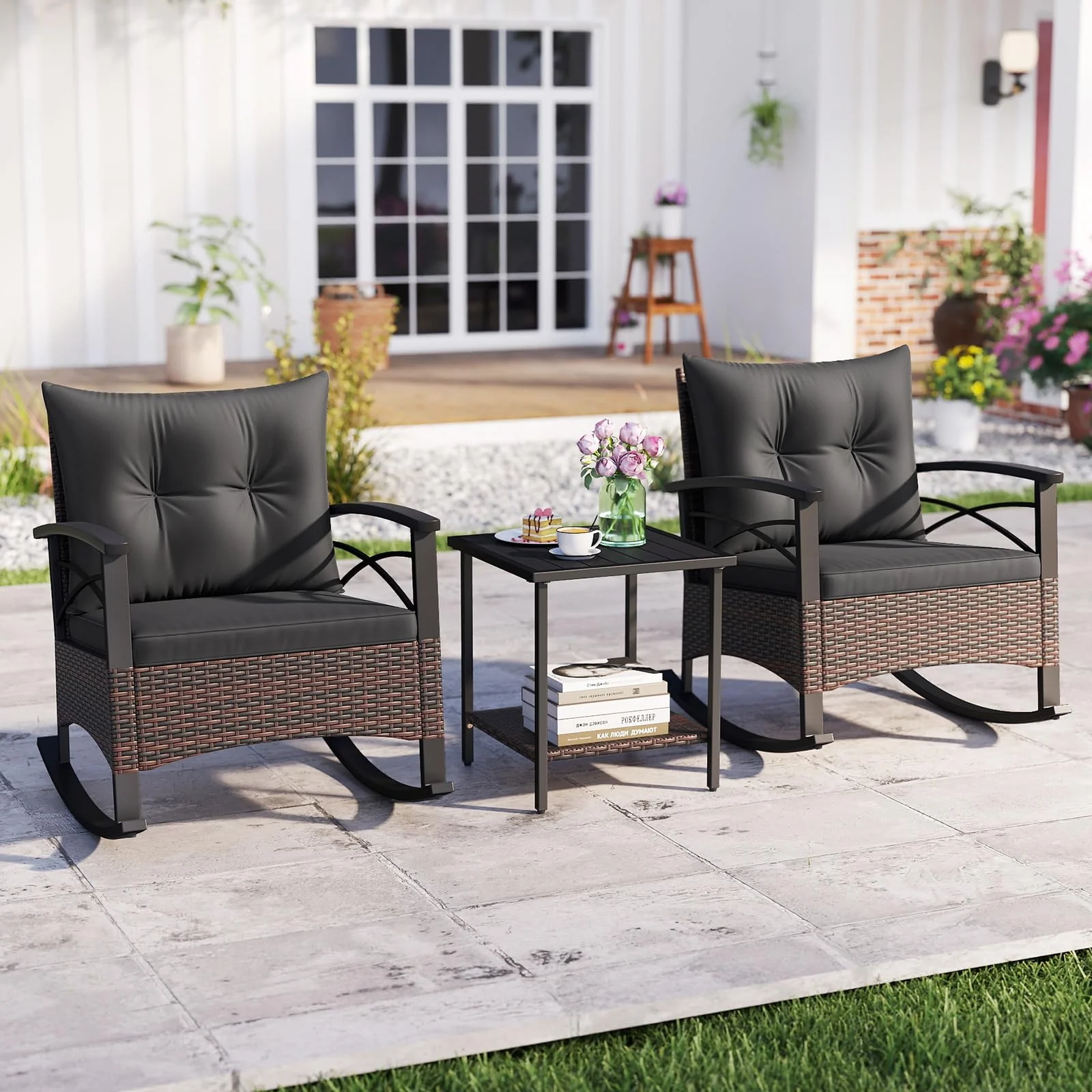 Tangkula 3 Piece Rocking Bistro Set PE Rattan Rocker Chairs with Acacia Wood Top Table