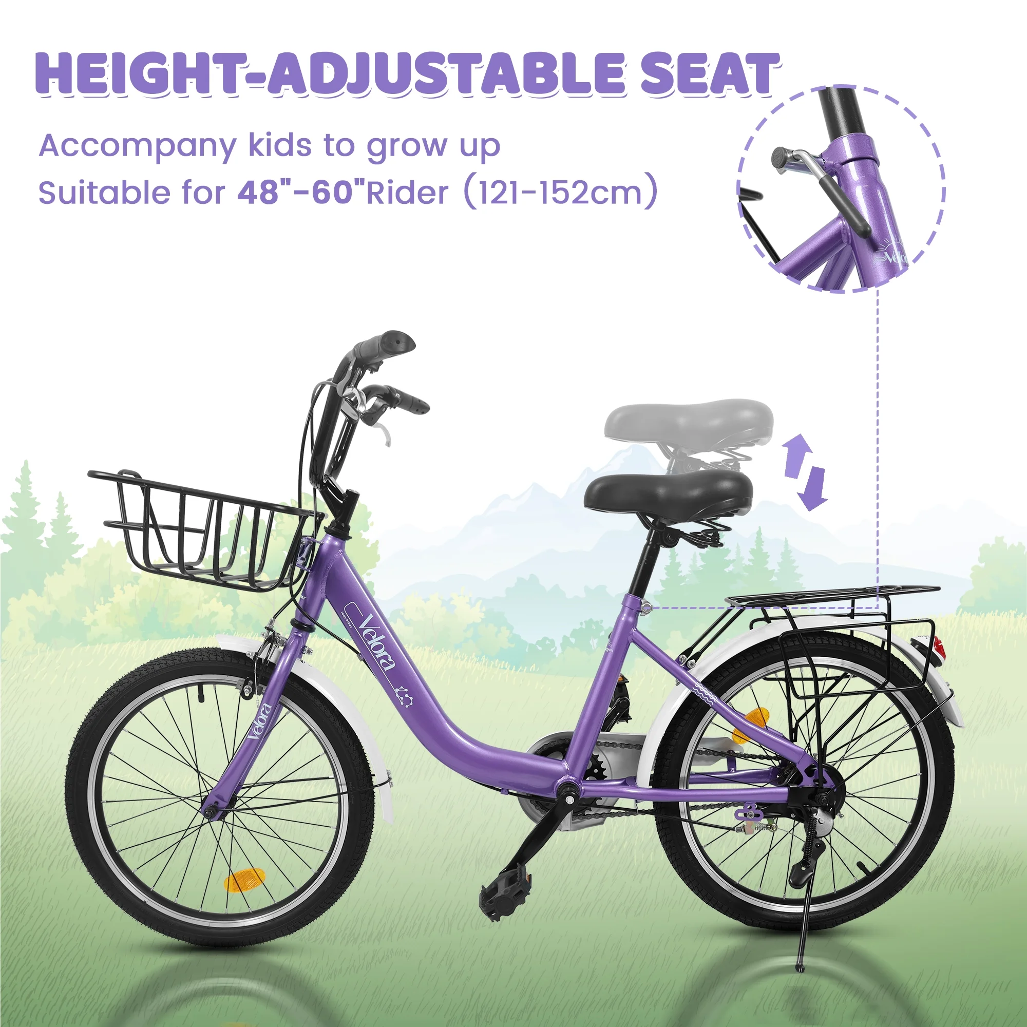 20 Inch Kids Bike for Boys Girls, 1 Speed Children Bicycle with Basket, Rear Seat, Chain Guard, Coaster Brake and V-Brake, Steel Frame Kids Bike for Ages 6-12 Years Old Birthday Gift, Purple(Purple) - Image 8