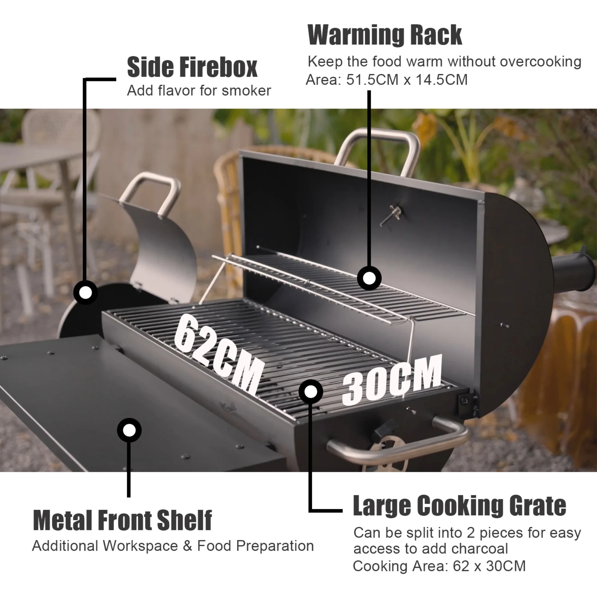 Charcoal Offset Smoker Grill Family-Size 4-6 Person BBQ with Temperature Control Portable Wheels(L) - Image 6
