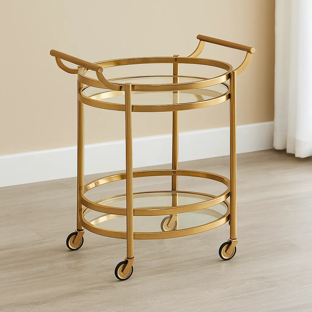 Barvogn, guld, metal og glas, egnet til indendrs brug, diameter 50 x hjde 74 cm