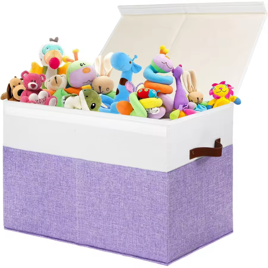 Beige white bedroom toy storage bin with cover