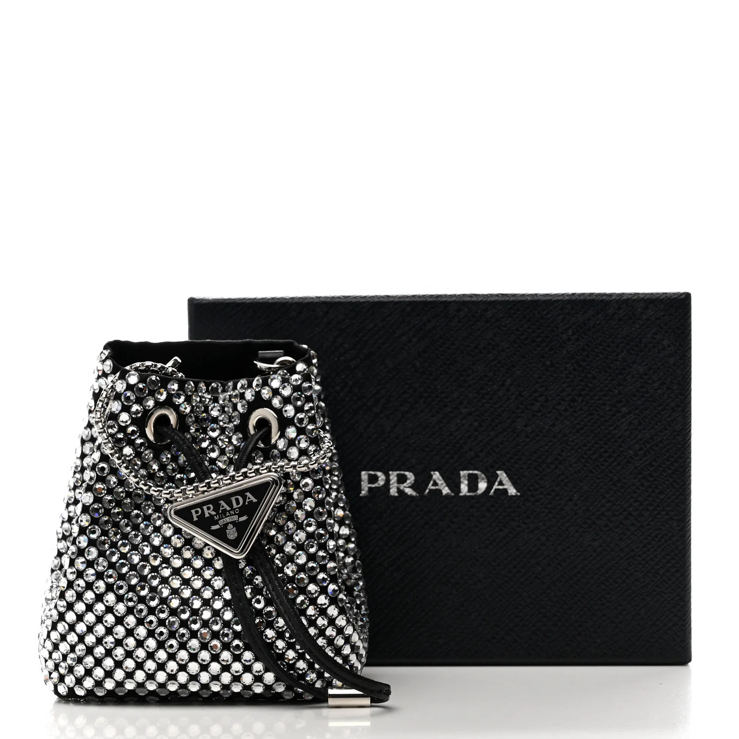Satin Crystal Metal Triangle Logo Mini Drawcord Pouch Shoulder Bag Cristal