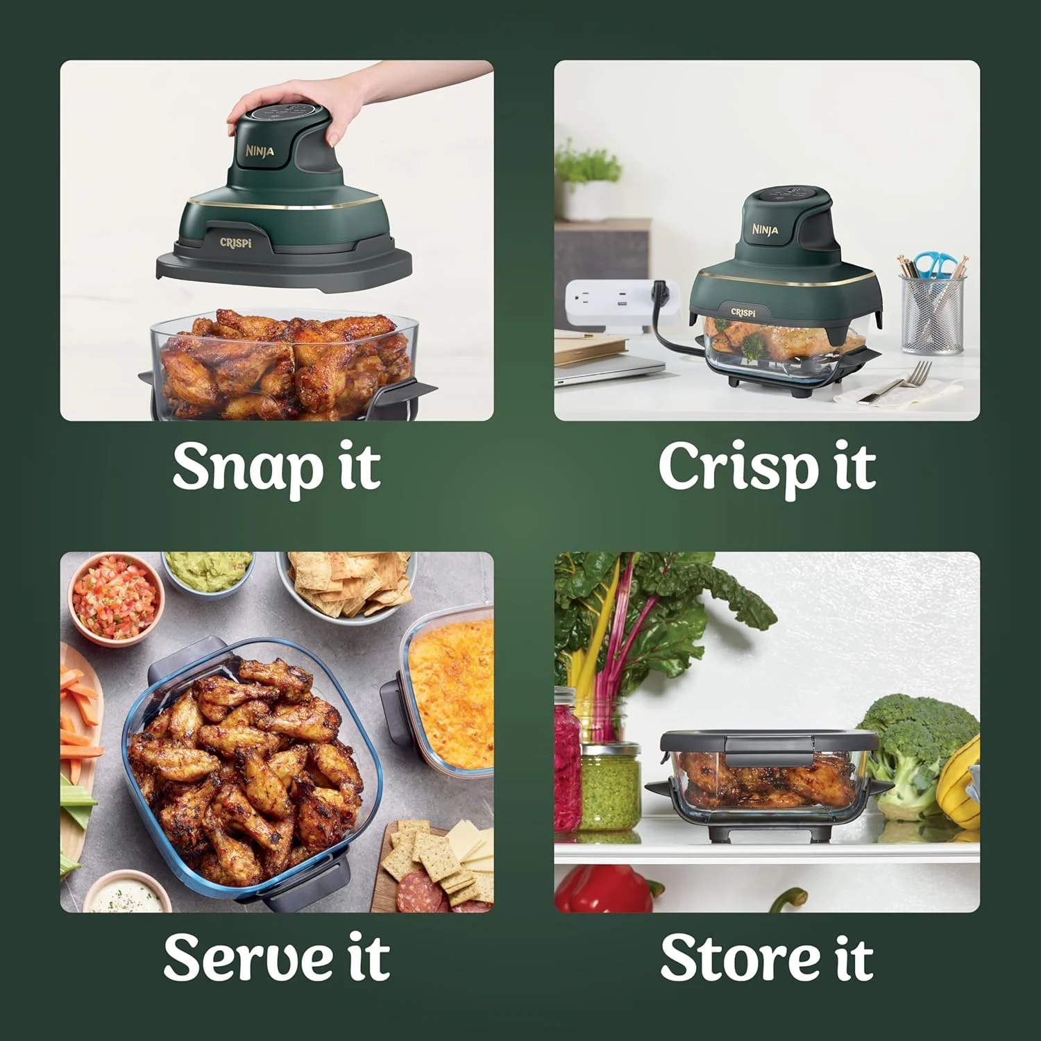 Crispi 5-in-1 Portable Glass Air Fryer Cooking System FN103BF, British Racing Green with Soft Gold Trim, 1500W, New - Image 9