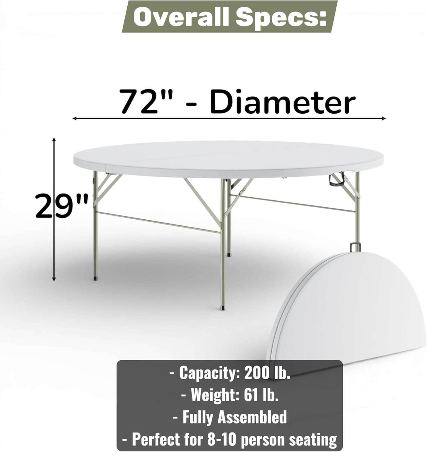 6 Ft Round Bi-Fold Folding Table with Carry Handle, 72