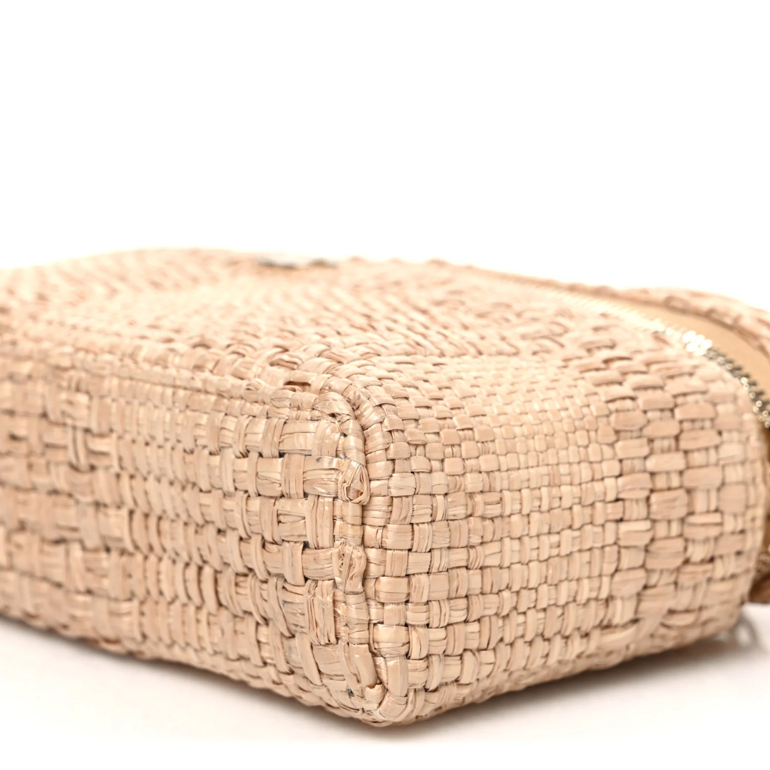 Braided Raffia Quilted Top Handle Slim Vanity Case With Chain Beige