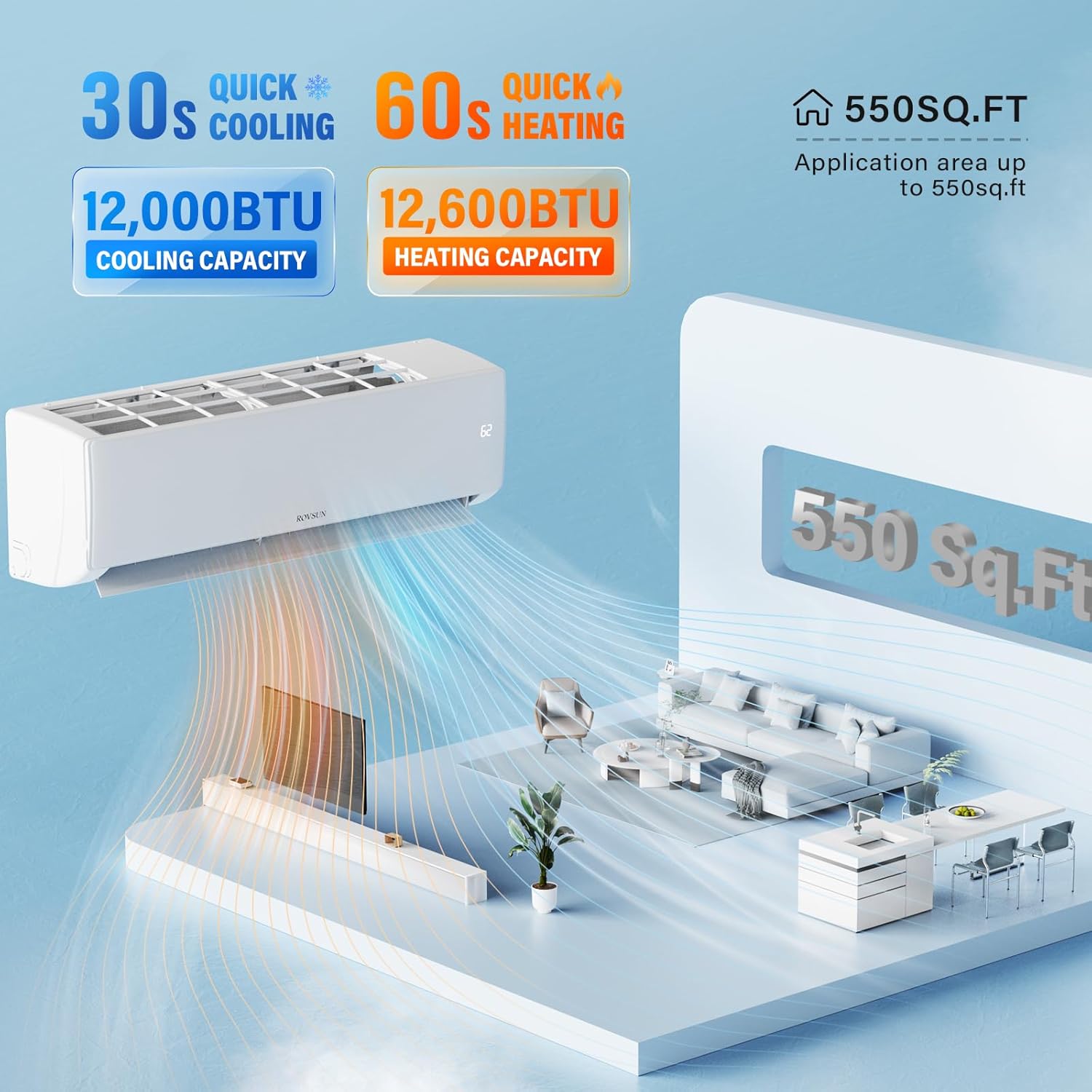ROVSUN 12000 BTU Wifi Enabled Mini Split Air Conditioner & Heater with Inverter, 21 SEER2 Energy Saving 115V Ductless Split AC Unit with Pre-Charged Condenser, Heat Pump & Installation Kit