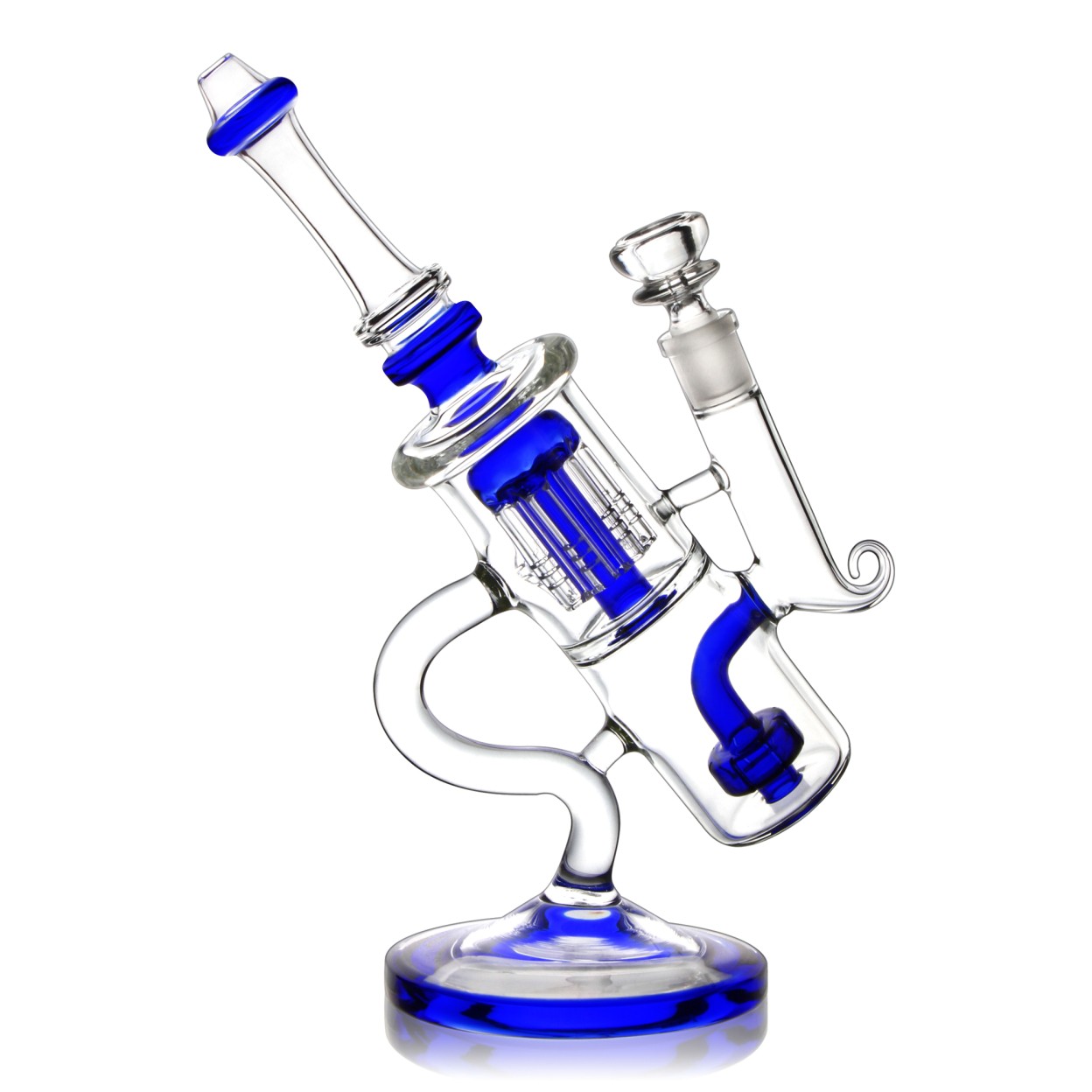 10-inch blue recycler glass bong with perc, 14mm bowl and circular blue base