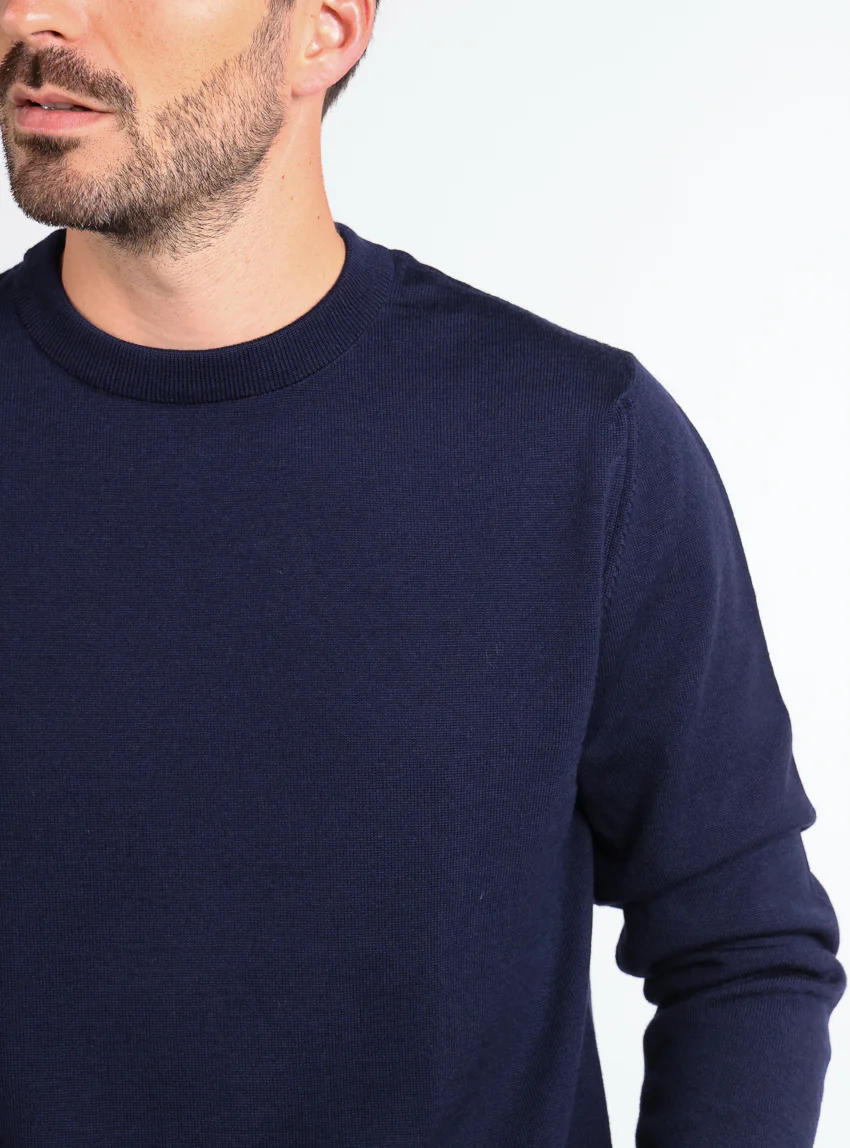 Pull homme col rond laine merinos Bleu Marine