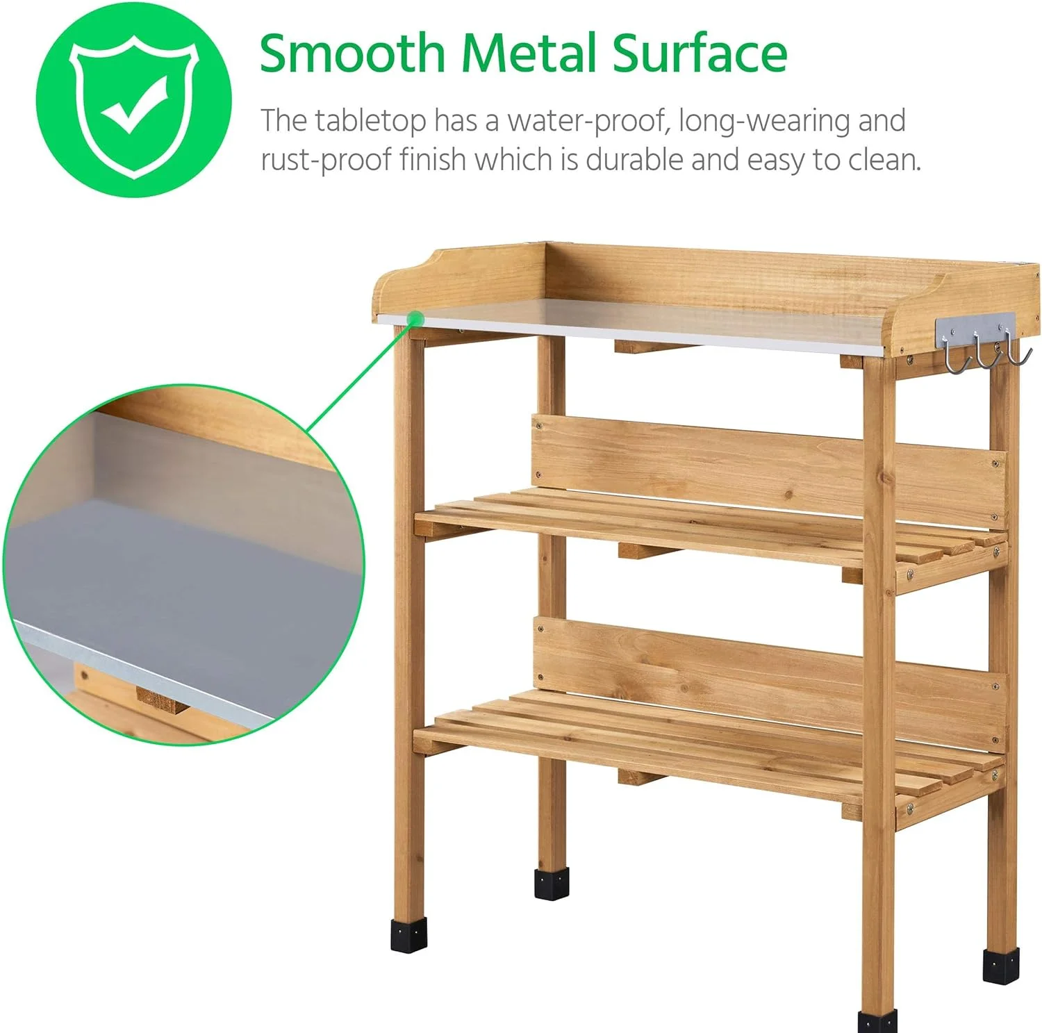 Outdoor Garden Potting Bench Table Wooden Horticulture Planting Worstation w/Metal Tabletop/Storage Shelf/3 Hooks, Natural Wood - Image 7