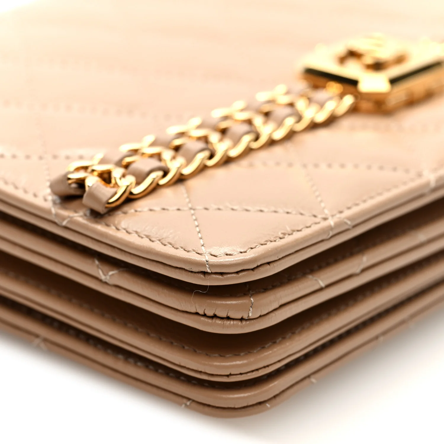 Shiny Aged Calfskin Quilted Clutch With Chain Dark Beige