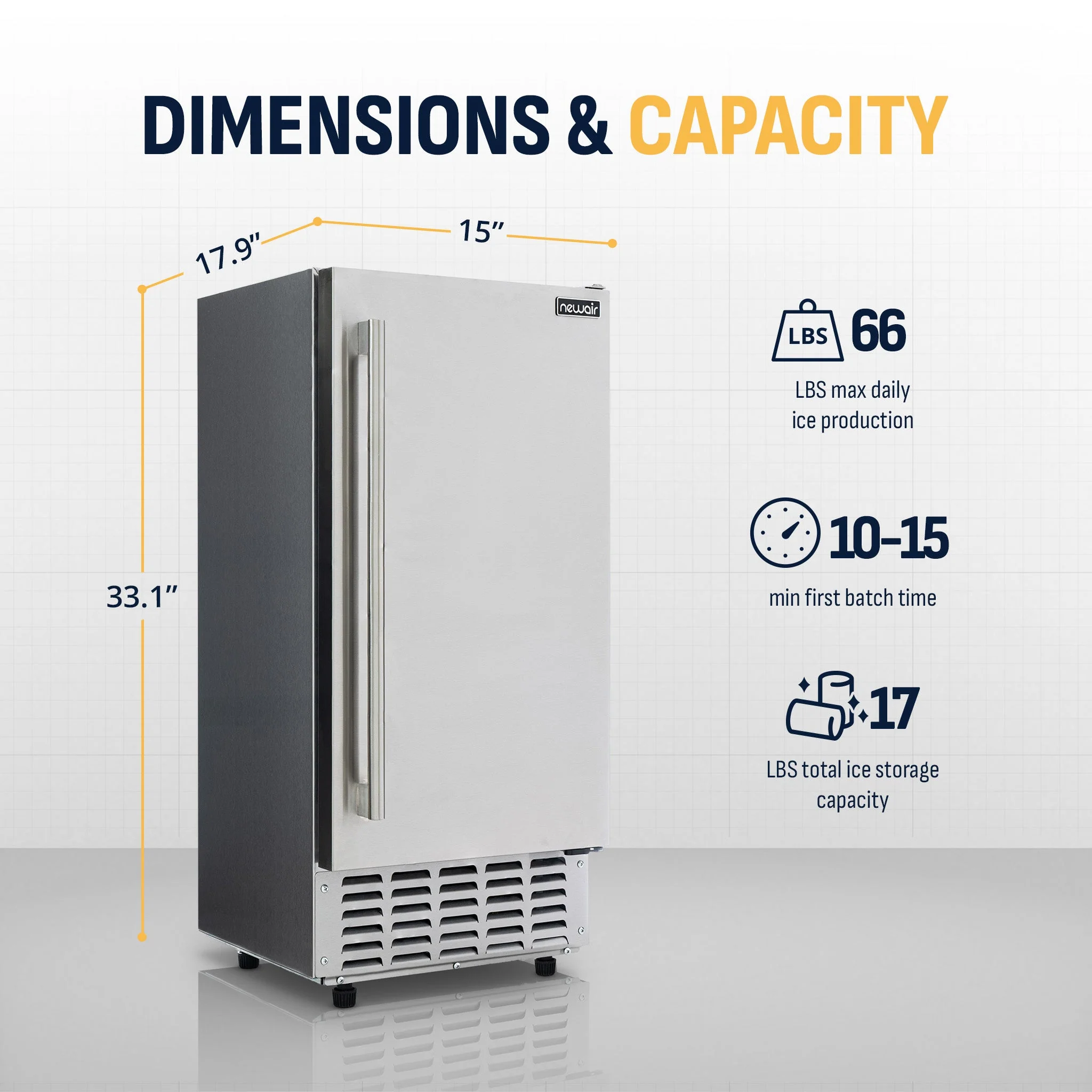 Newair 15” Undercounter Nugget Ice Maker, 66 lbs/day - Stainless Steel