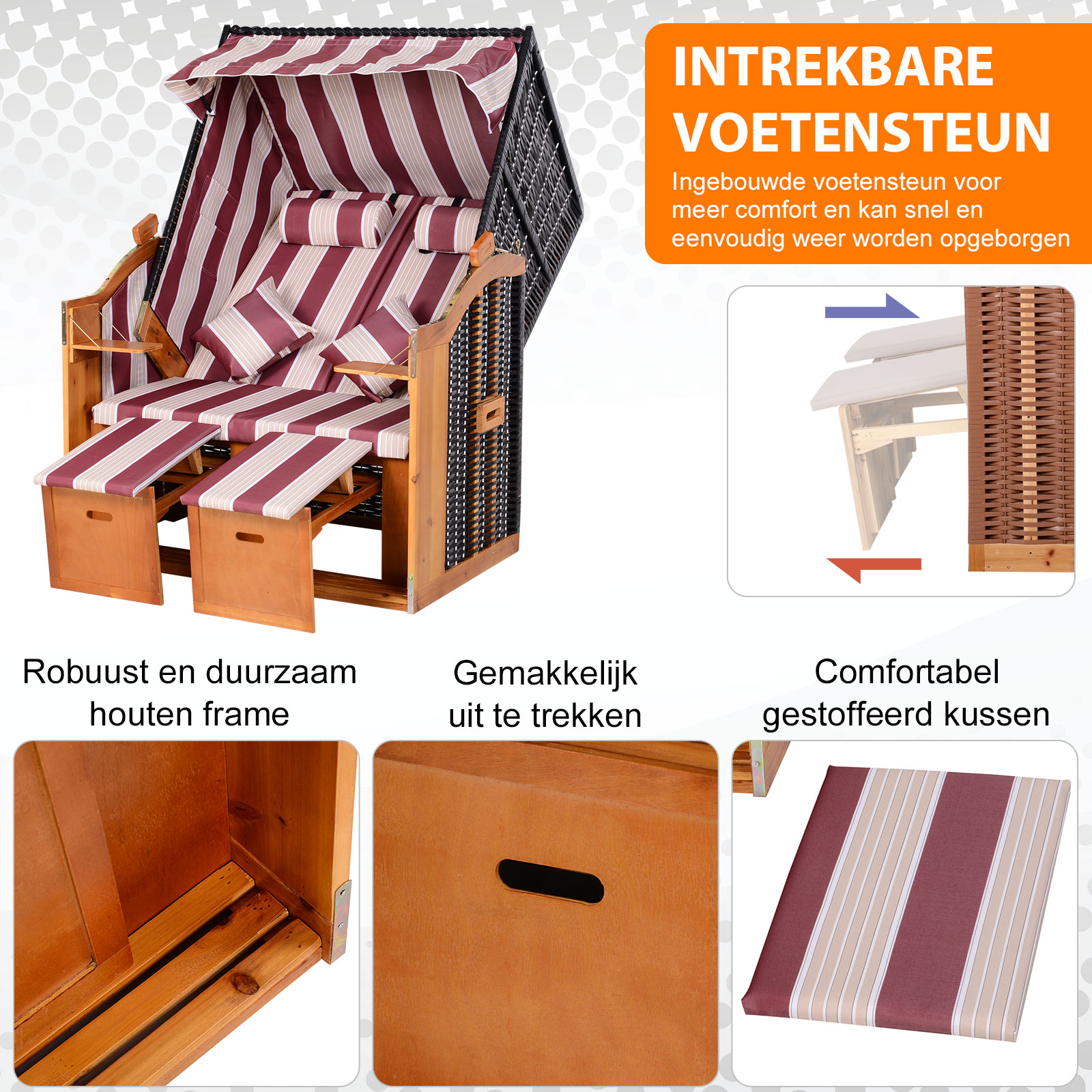 Dubbele ligstoel met dak dubbele ligstoel chaise longue voetensteun PE rotan rood