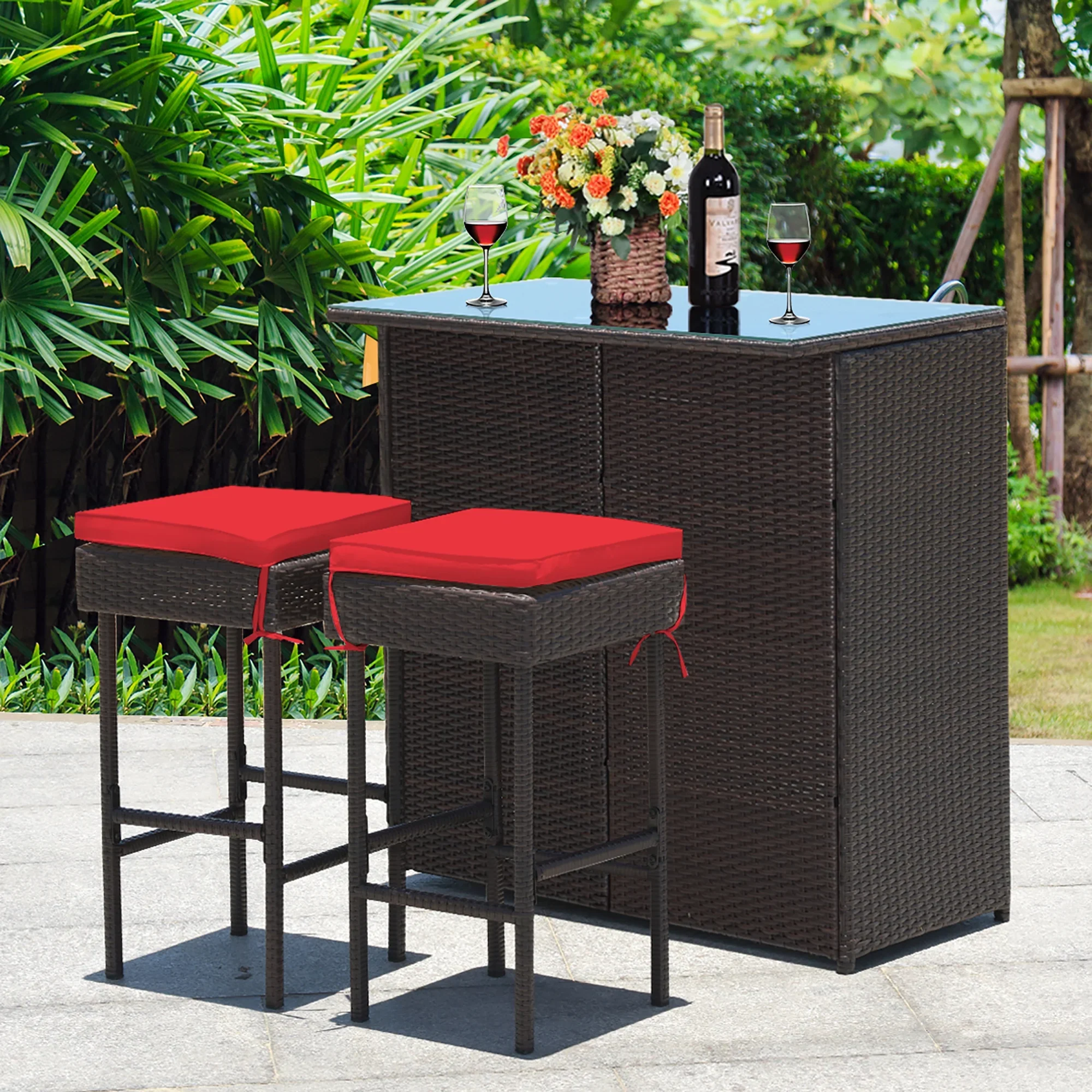 Costway 3PCS Patio Rattan Wicker Bar Table Stools Dining Set Cushioned Chairs Garden