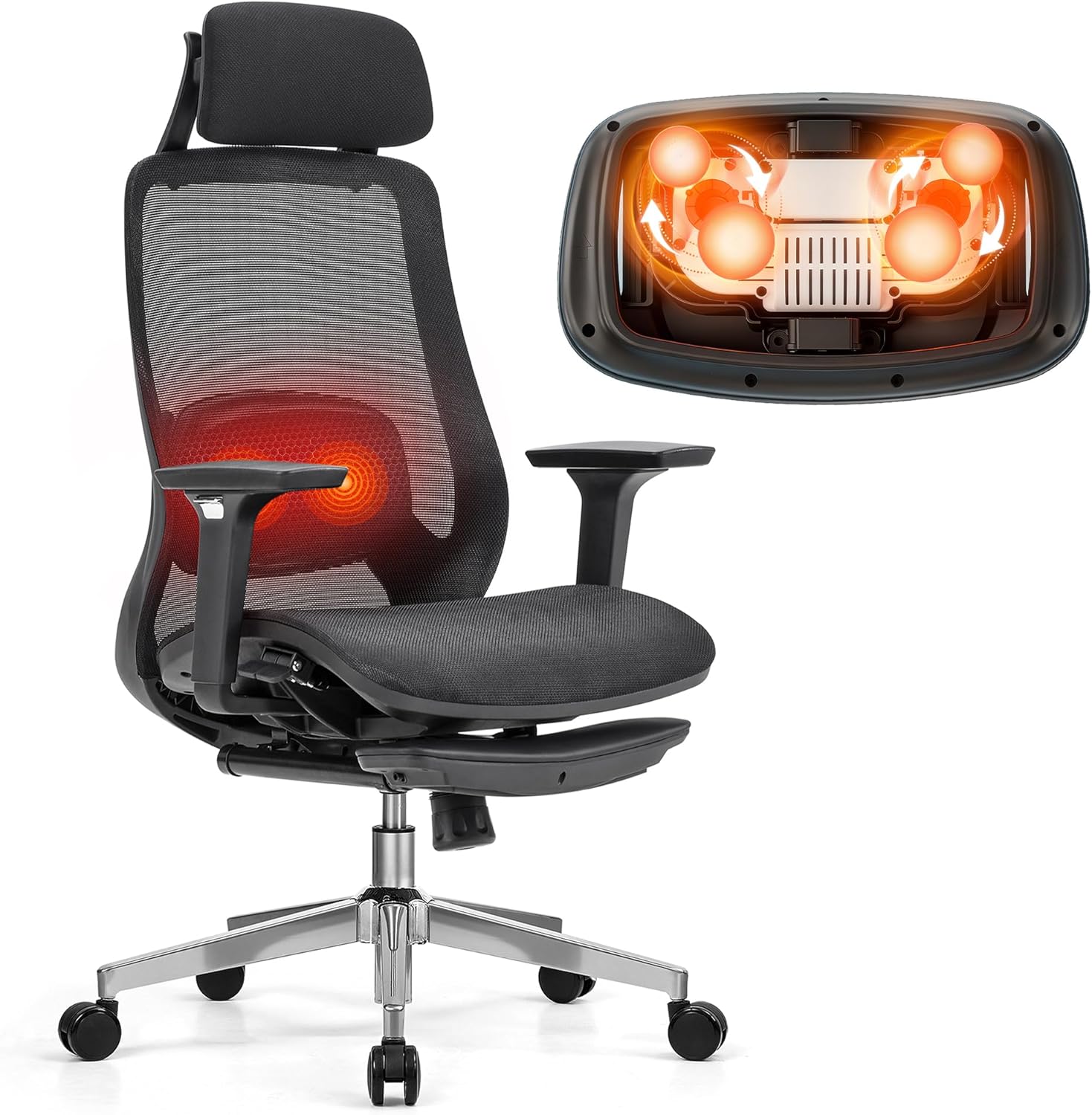FLEXISPOT MasterEase Massage Office Chair with Footrest, High Back Ergonomic Desk Chair with Adjustable Headrest, 3D Armrests, 2D Lumbar Heated Massage, 4-Position Recline, Mesh Seat, Black