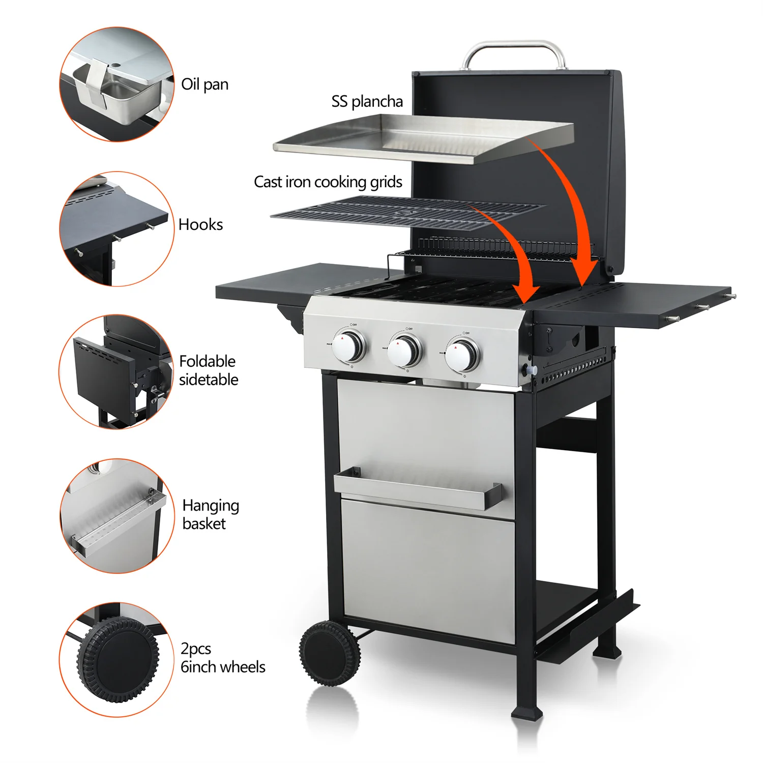 HighSound 2-Burner Propane Gas Grill, 24600 BTU Patio Garden Barbecue Grill with Stainless Steel Tray, Wire Enamel Cooking Grids & Foldable Shelves, Black