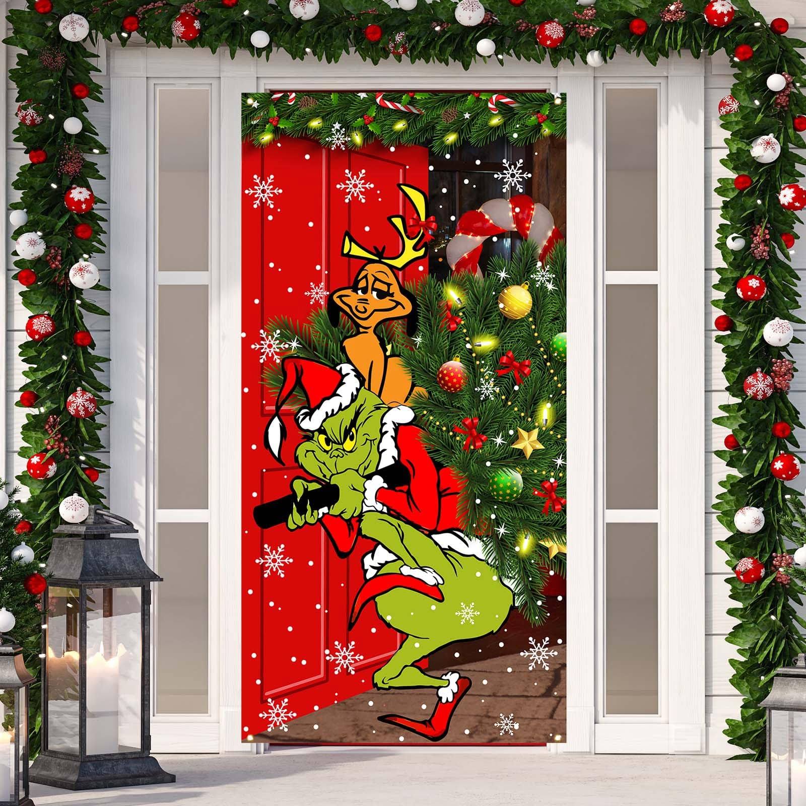 FARMNALL Grinch Christmas Decorations Grinch Door Cover Merry Grinchmas Door Cover 6 x 3ft Black Buffalo Grid Flag Photography Banner Christmas Xmas