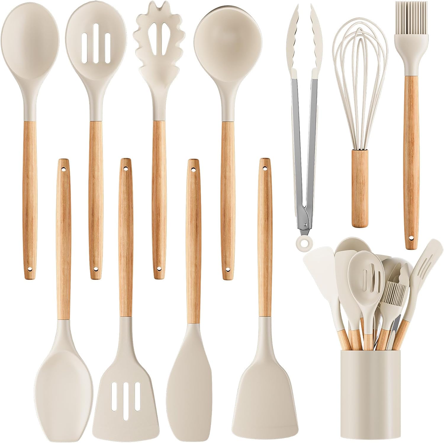 Silicone Cooking Utensil Set,12 PCS Cooking Cookware Kitchen Utensils Set for Cooking, Nonstick 446°F Heat-Resistant Cookware Kitchen Tools of Spoon, Brush, Whisk, Spatula, Turner Tongs (Khaki)