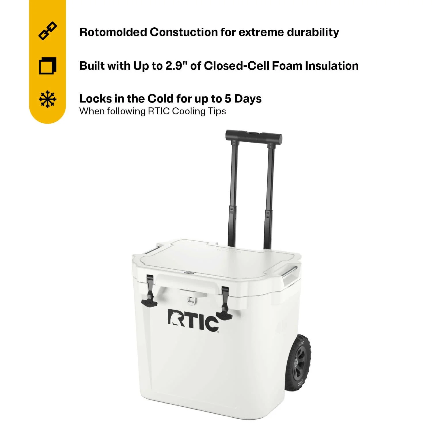RTIC 45 QT Ultra - Tough Wheeled Hard - Sided Ice Chest Cooler, Fits 60 Cans, White