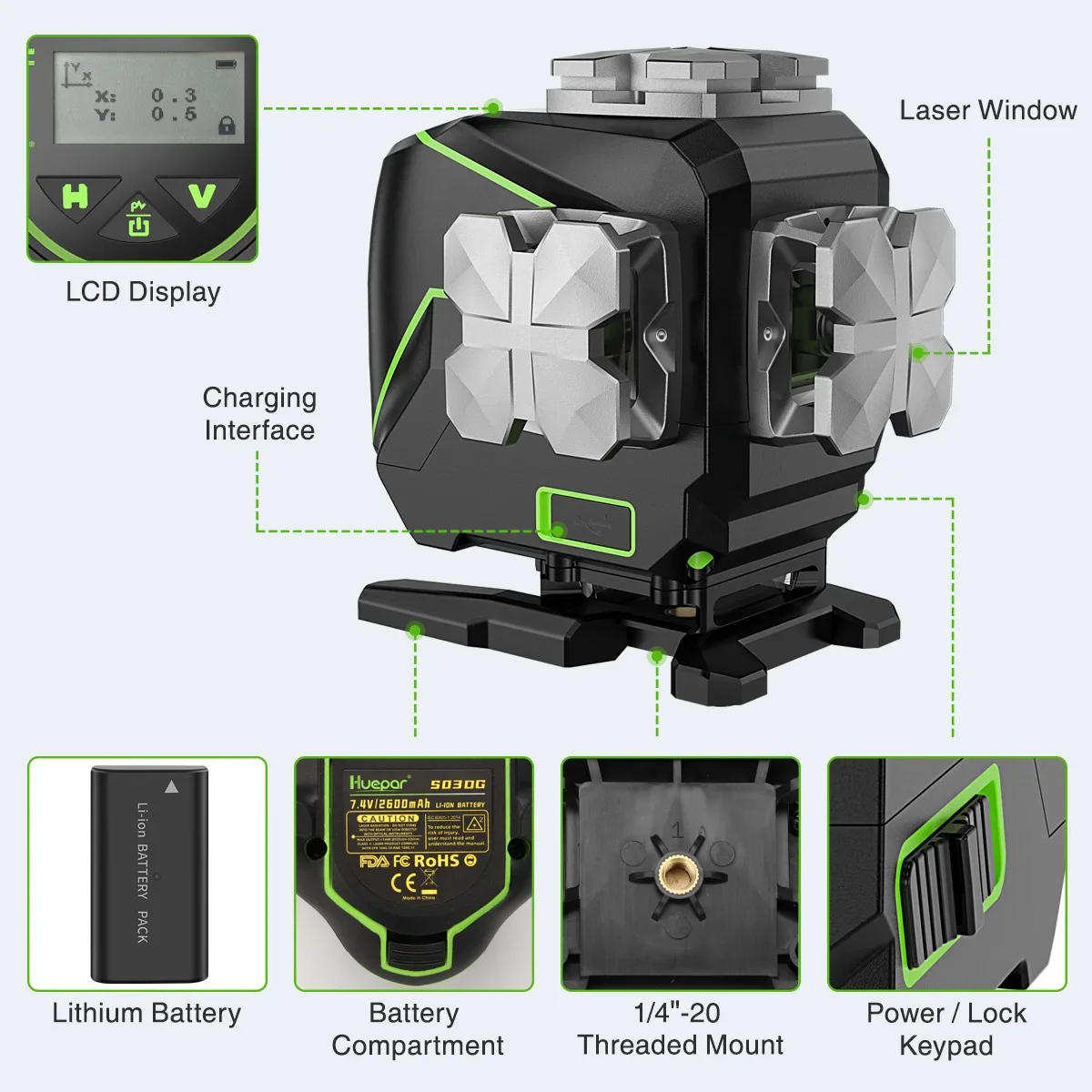 4D 16 Lines Self-Leveling Laser Level, 200Ft Green Beam 4 x 360° Cross Line Laser Level Tools with LCD Screen, Bluetooth and Magnetic Bracket