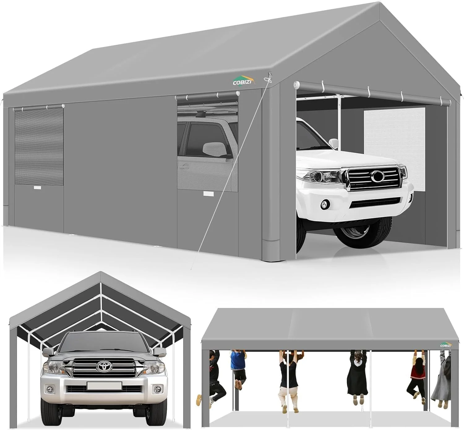 COBIZI Carport 10'X20' Large Heavy Duty Car Tent with Powder - Coated Steel Frame, Portable Garage with Removable Sidewalls & Doors, Car Canopy with All - Season Tarp for Outdoor Party, Birthday, Gray