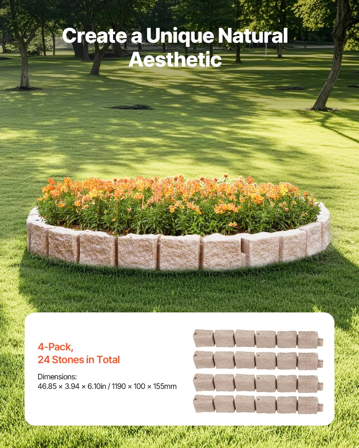 VEVOR Faux Stone Landscape Edging 46.8 x 3.9 in Realistic Lawn Edging, Flexible Brick-Sized Garden Edging Border with Anchoring Spikes, Fade-Resistant Yard Edging for Driveways Walkway Beige