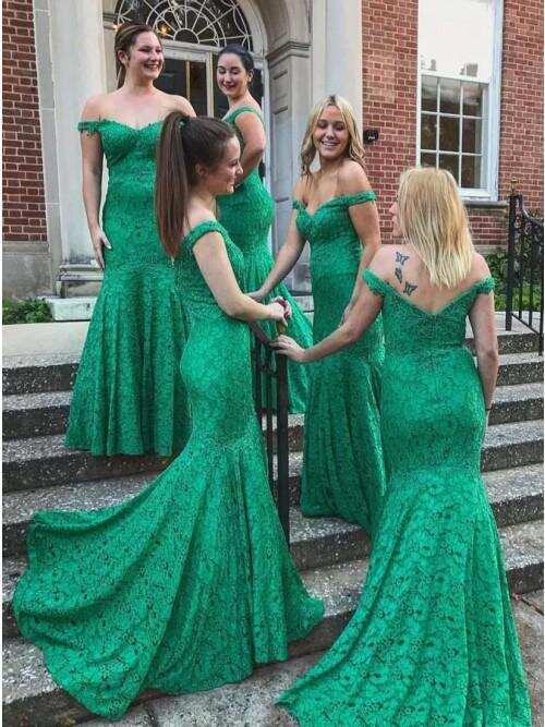 Mermaid Off-the-Shoulder Sweep Train Green Lace Bridesmaid Dress DMR24