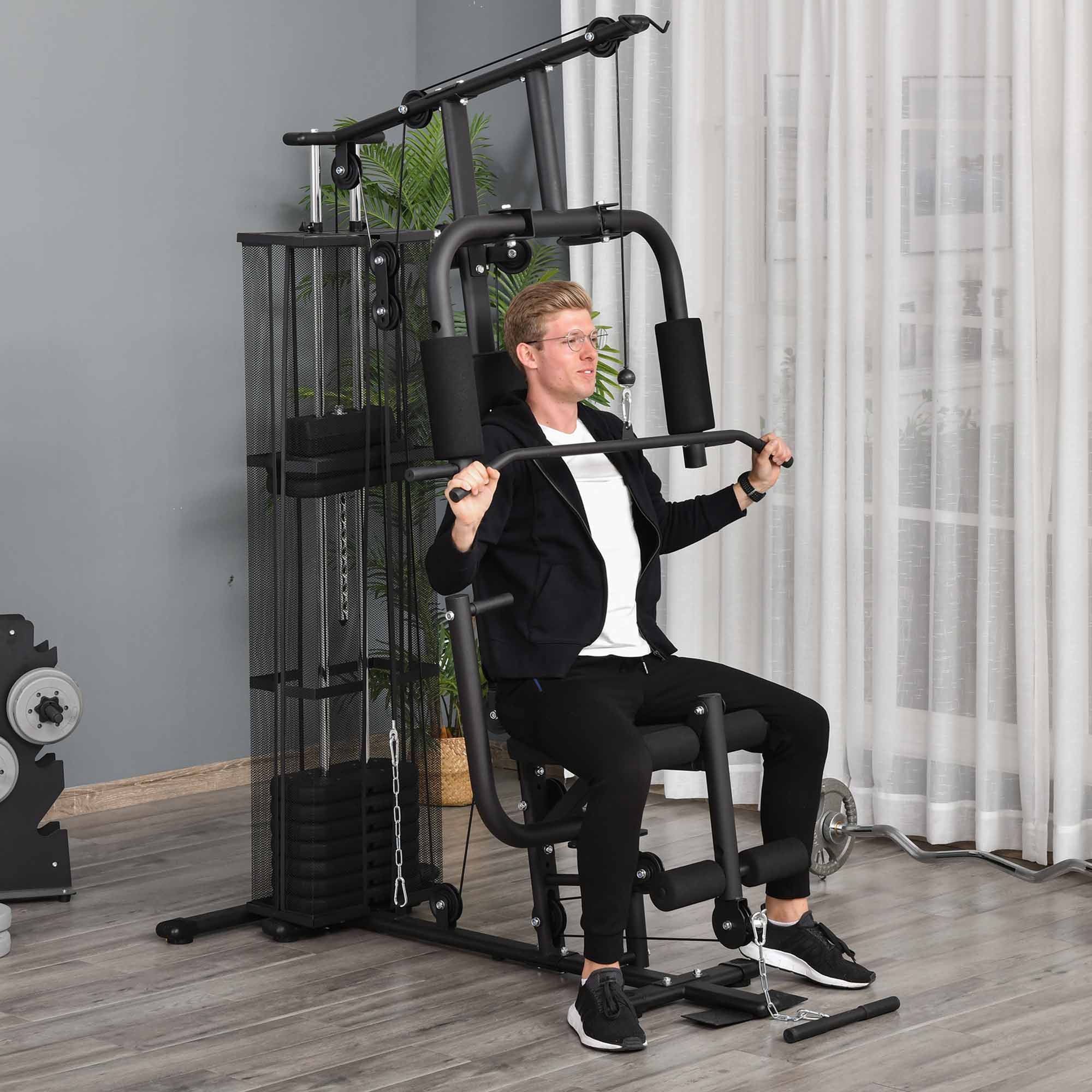 HOMCOM Gym Krachtstation Fitnessstation Multigym Fitnesscentrum Fitnessapparatuur incl. gewichten Latzug Beincurl Metaal PU-kunstleer zwart 150 x 110 x 210 cm