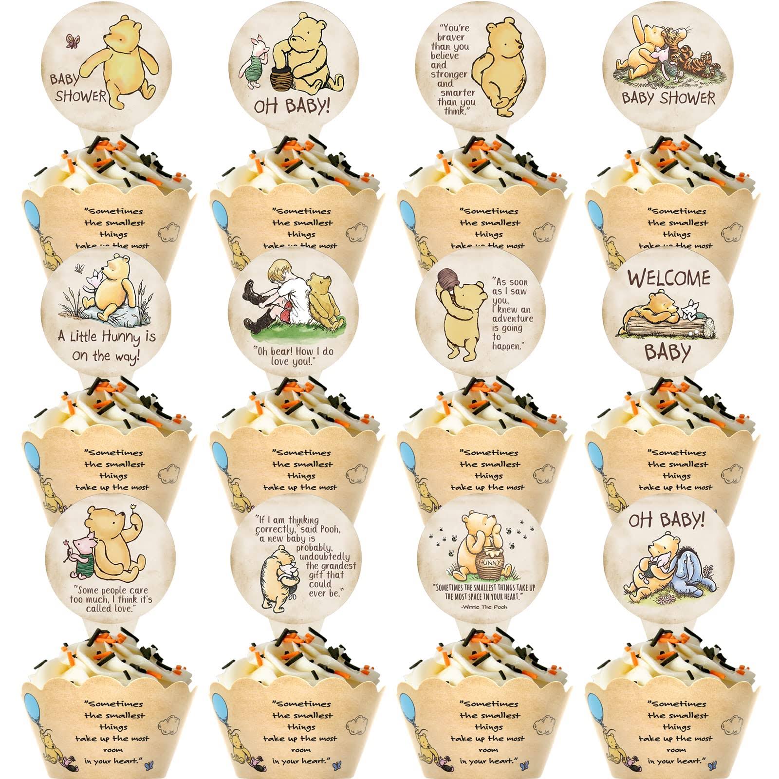 72 Pcs Winnie Baby Shower Cupcake Toppers and Wrappers Set 36 of Each, Classic The Pooh Party Supplies for Birthday Party or Bridal Shower Decoratio