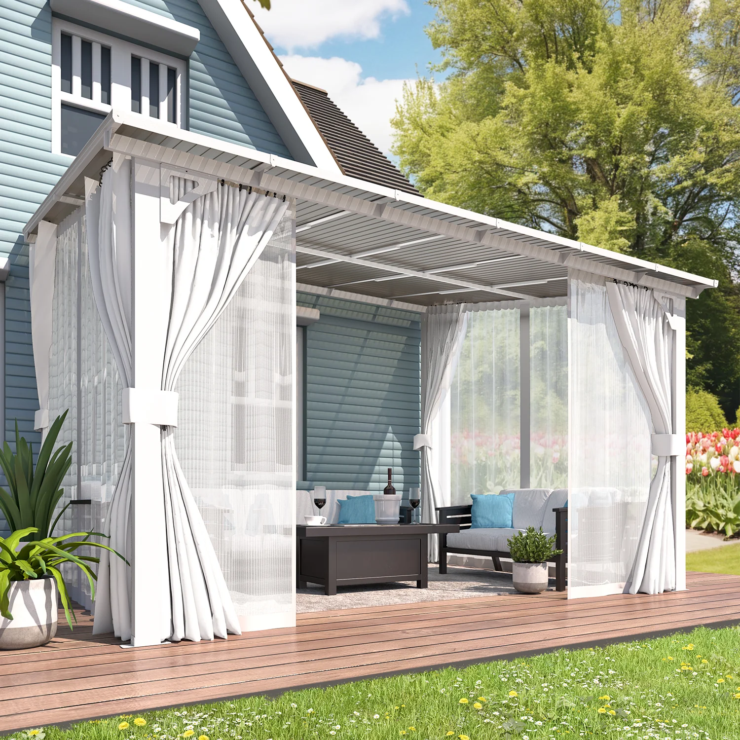 AECOJOY 12'x10' Wall Gazebo with Curtains and Mosquito Netting, White