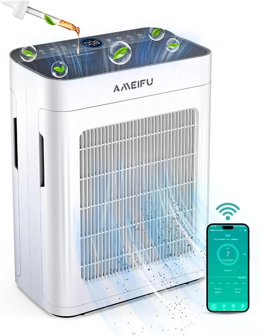 Purificateur d'air pour grande pièce (jusqu'à 325 m²) avec préfiltre lavable, filtre HEPA double face à 3 niveaux, application Wi-Fi intelligente, mode nuit, affichage PM2.5. Idéal pour les poils d'animaux, la poussière et la fumée.