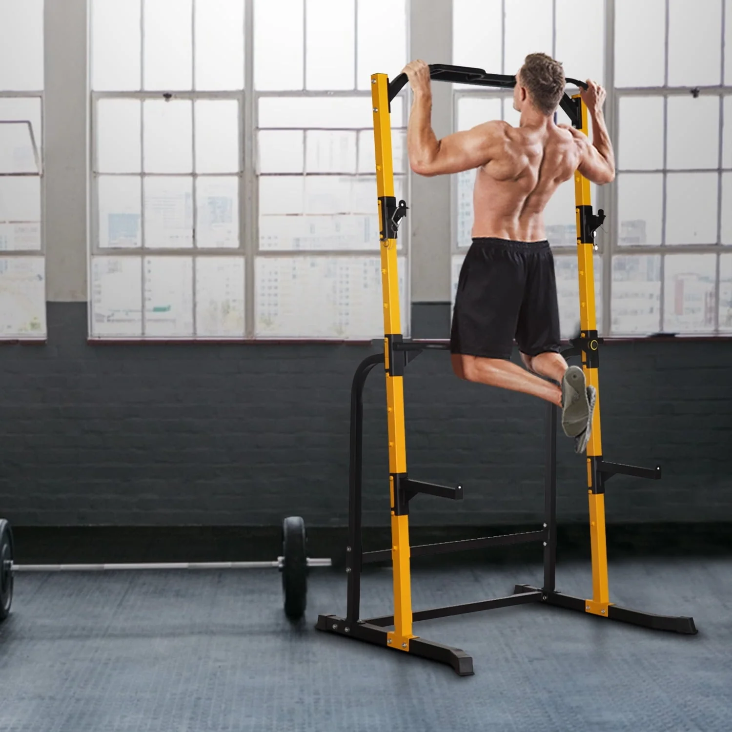 Wesfital Multi - Function Power Tower with Adjustable Barbell Rack Barbell Holder Home Fitness Equipment, Yellow