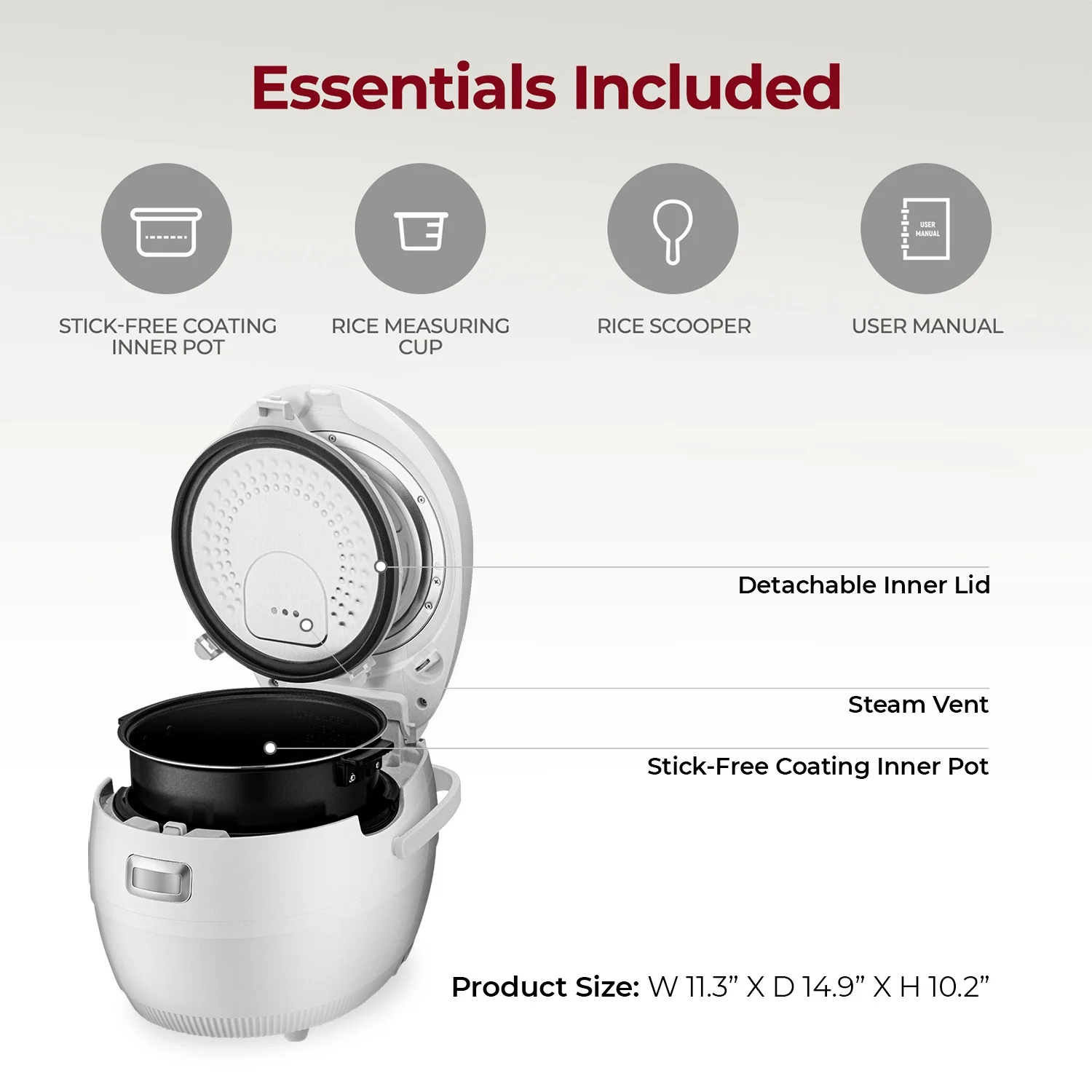 Rice Cooker 20 Cups Cooked Warmer with Nonstick Pot 16 Menu Modes and Micom Fuzzy Logic Tech with Auto Clean Features in White (CR-1020F)(10 Cups) - Image 3