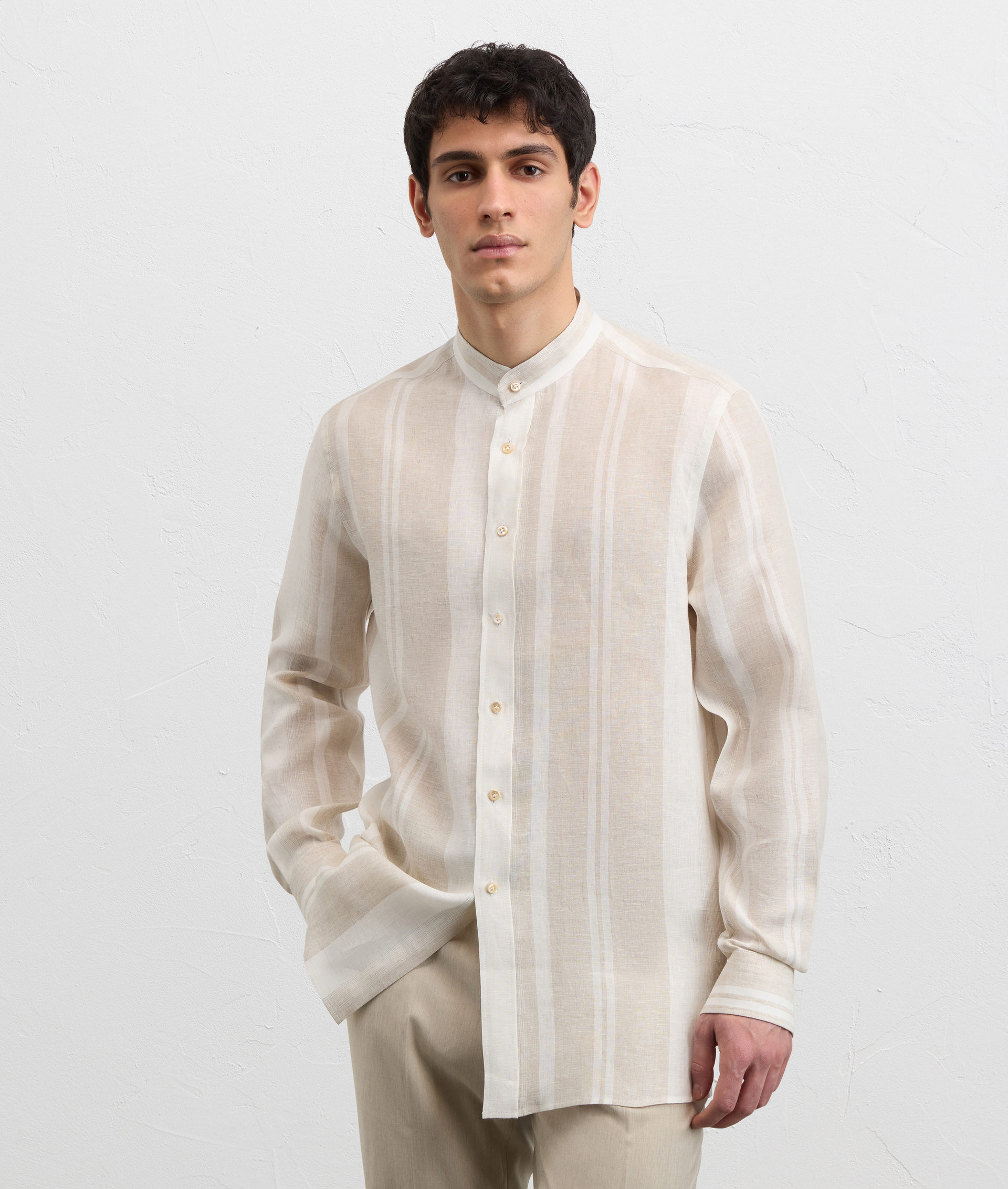 LIGHT BROWN MAXI STRIPED LINEN SHIRT WITH ALESSANDRIA COLLAR