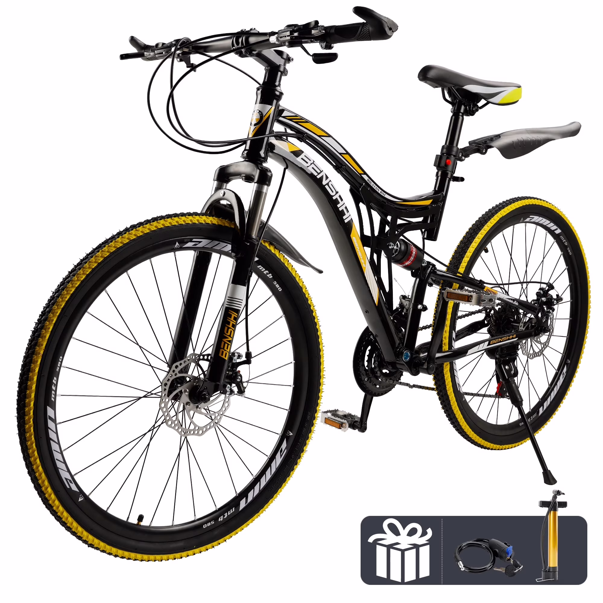 ARTUDATECH Full Suspension Mens Mountain Bike, Shimano 21 Speed, 26 Inch Wheel, Dual Disc Brake Bike for Men Womens Teen Adult Bicycle Thumb Shifter With Bike Lock And Air Pump