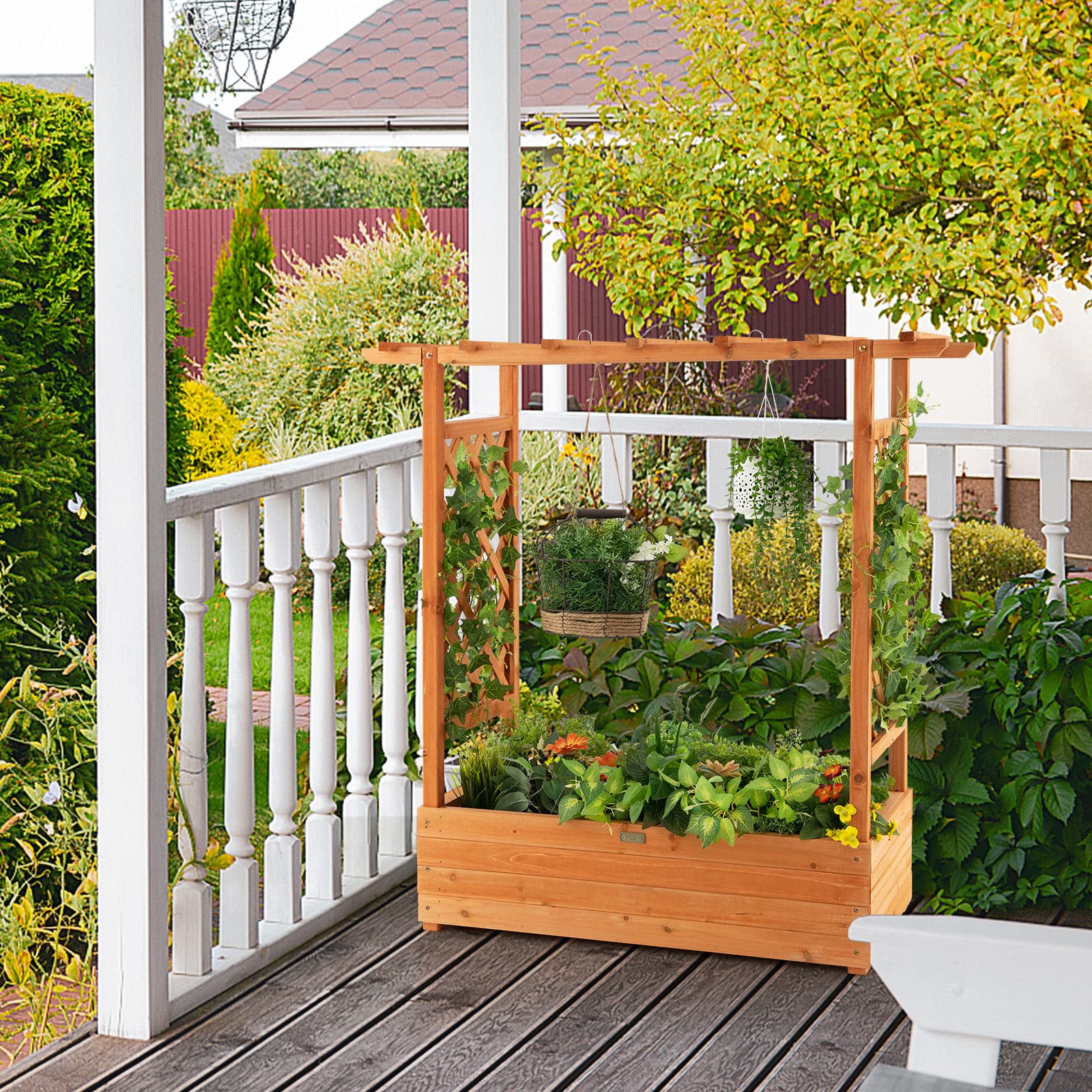 Raised Garden Bed with Arch Trellis & Hanging Roof, Freestanding Fir Wood Elevated Planter Box with Drainage Holes for Climbing Plants Flowers Vines