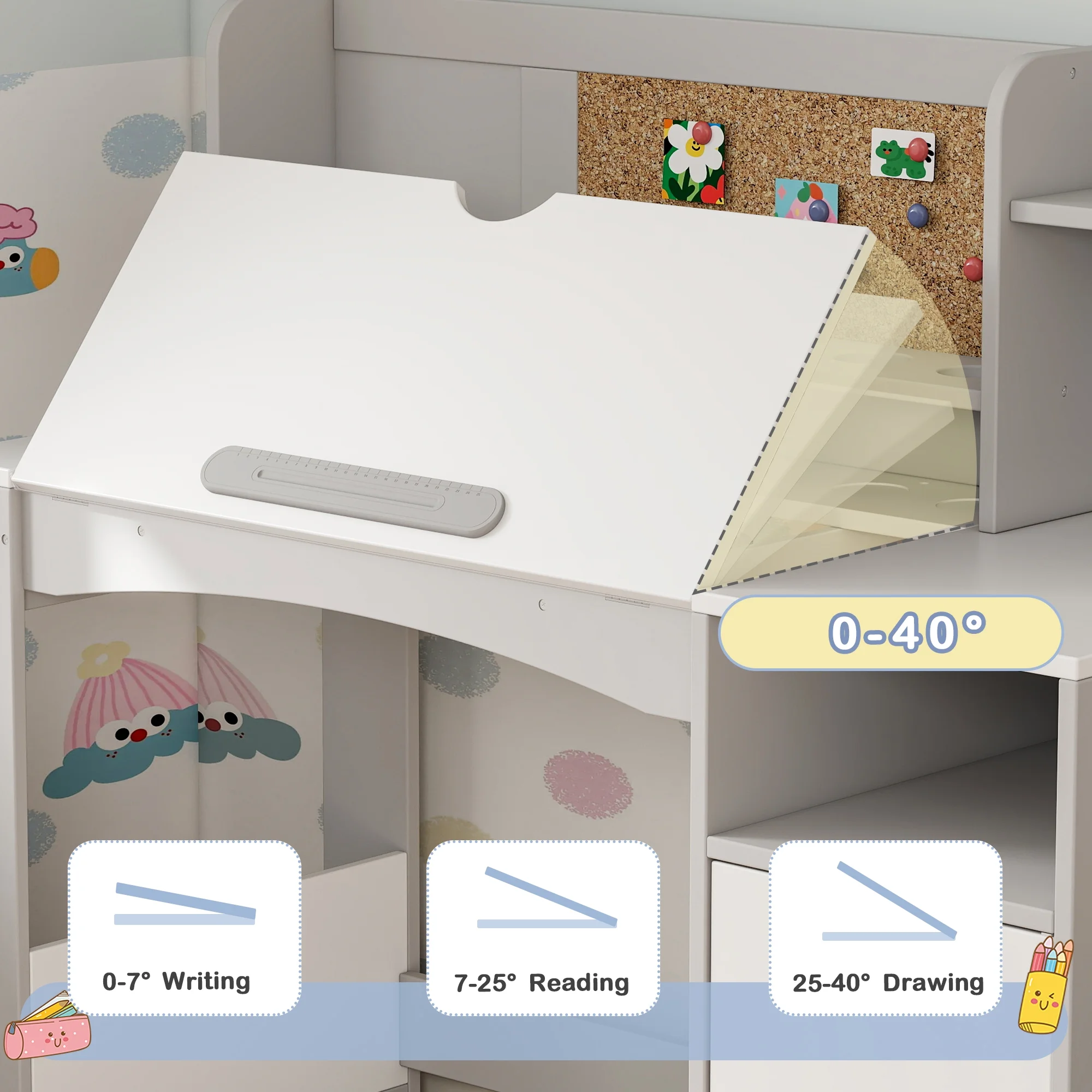 Reasea Kids Study Desk and Chair Set with Tiltable Desktop, Hutch & Storage - Wooden Writing Table for Ages 5 - 12, Grey