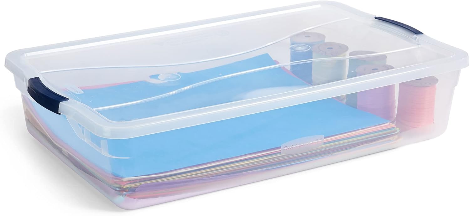 Rubbermaid Cleverstore 42 Quart Stackable Plastic Storage Container Organizer Bin with Latching Lids for Garage, Closet, and Classroom, Clear, 4 Pack