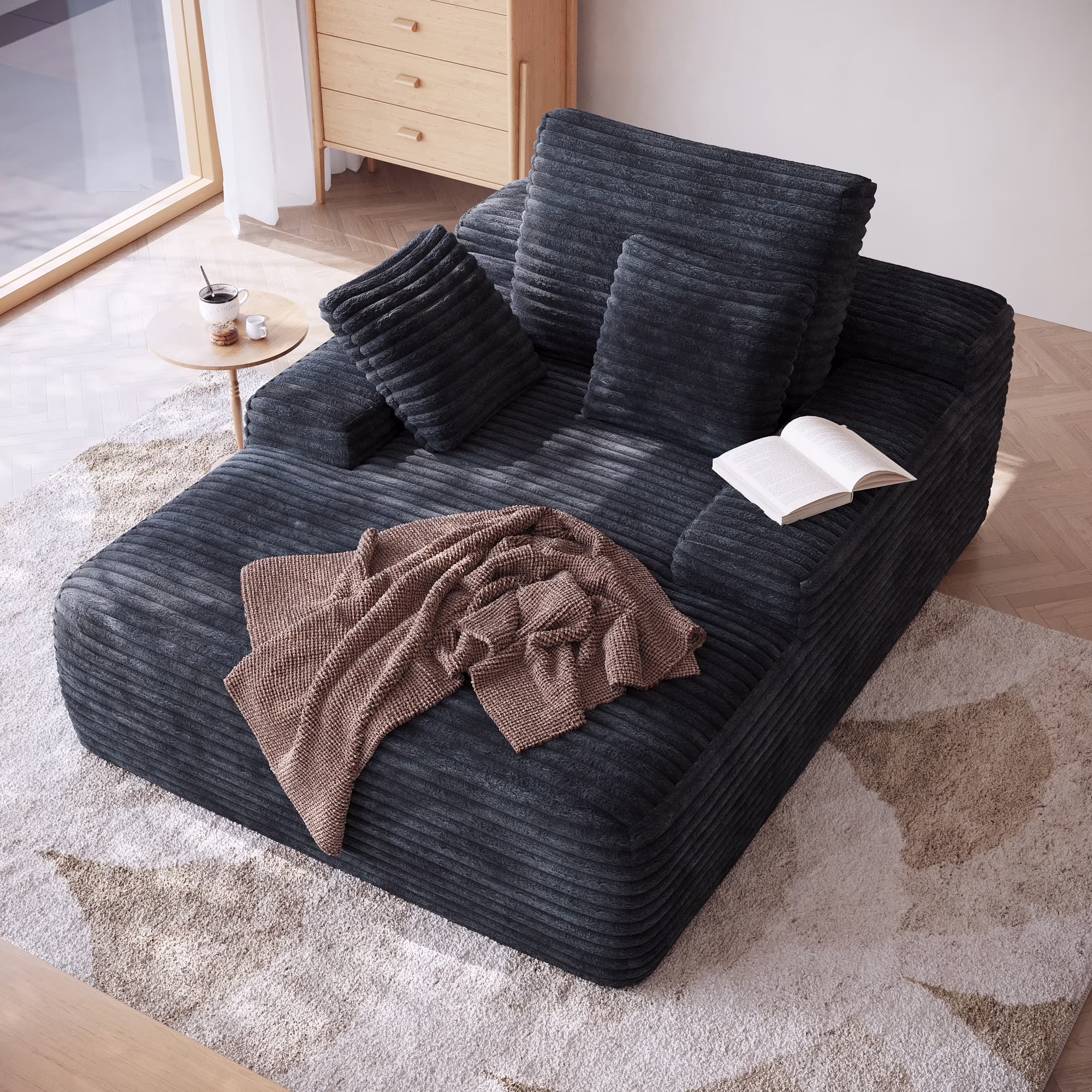 Oversized Chaise Lounge Chair Indoor,Upholstered Sofa Bed with Throw Pillows and Armrests,Sleeper Chair for Living Room,Bedroom,Brown,Corduroy(Brown) - Image 5