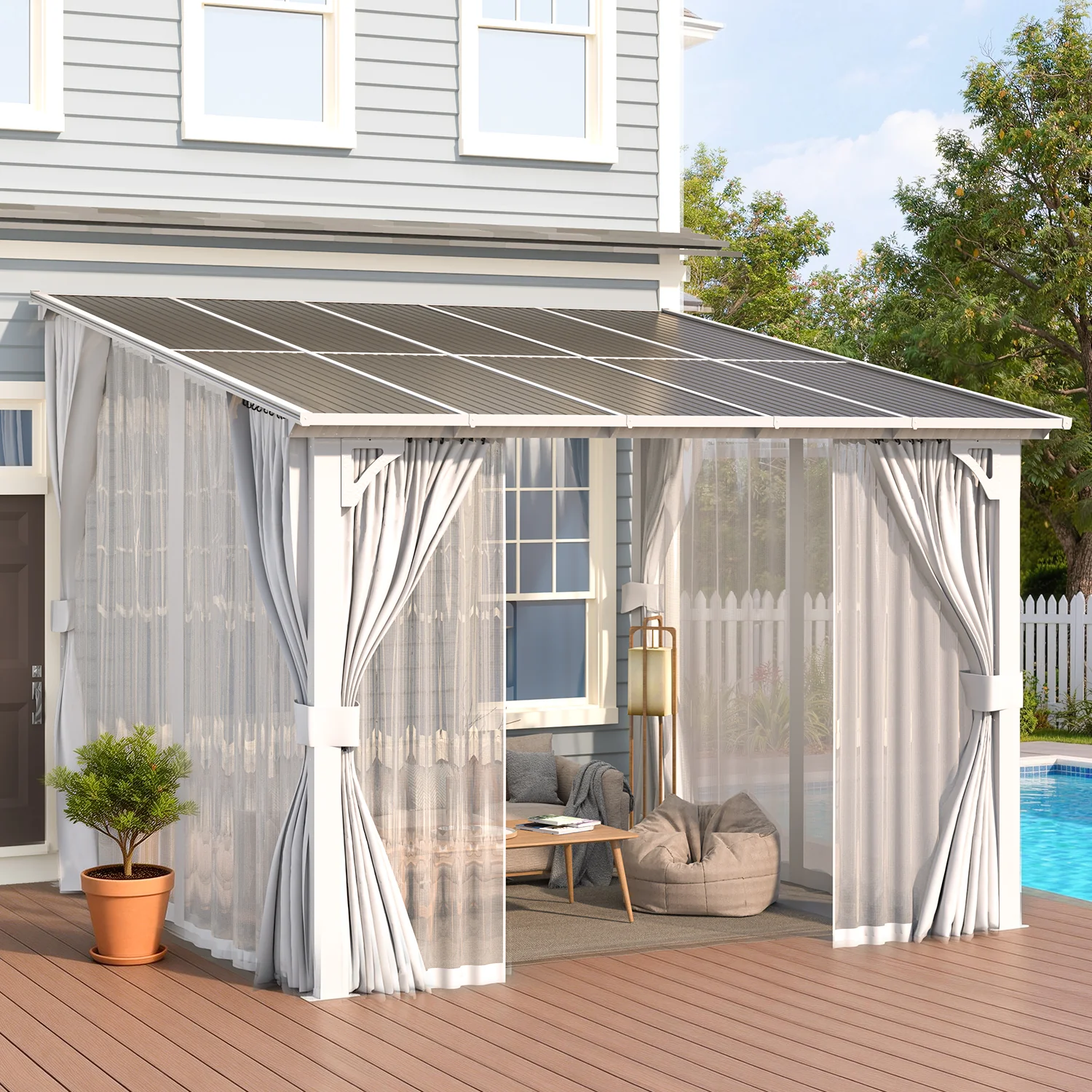 AECOJOY 10'x10' Wall Gazebo with Curtains and Mosquito Netting, White