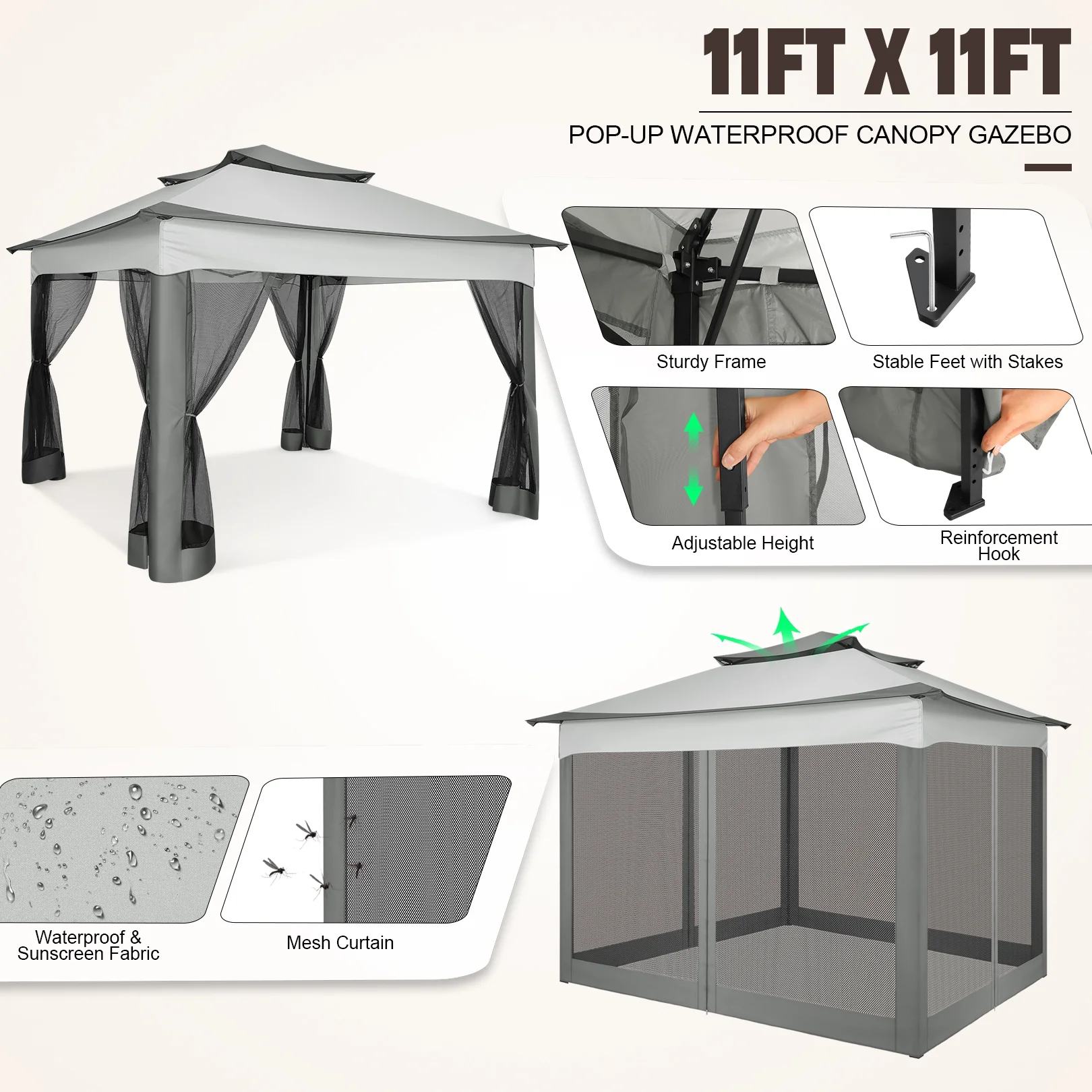 11x11 Outdoor Waterproof Gazebo, Pop up Canopy Gazebo with Mosquito Netting UV Protection for Parties, Camping, Weddings, and Backyard Events, Gray(11 x 11/Gray) - Image 9