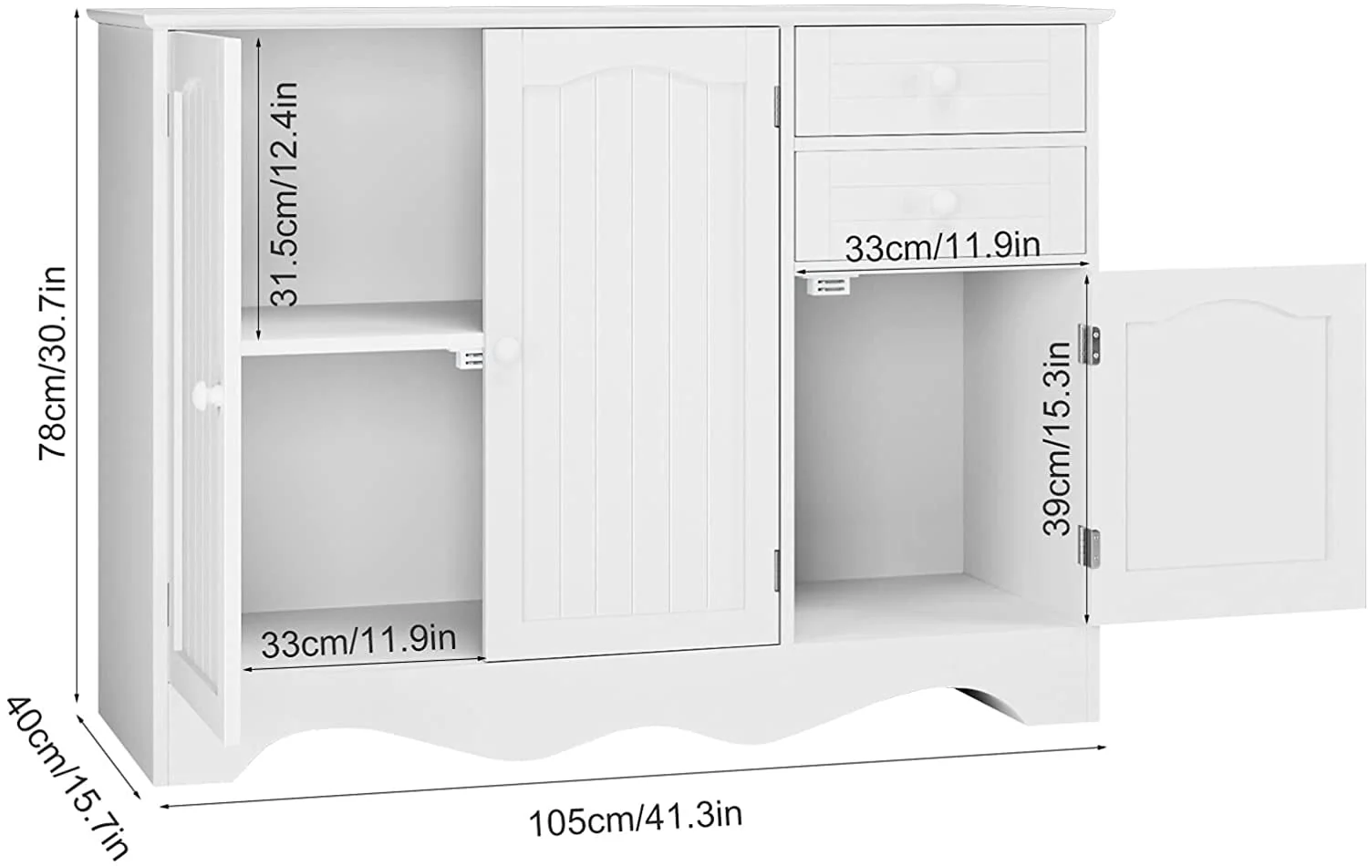 Homfa Kitchen Storage Cabinet, White Buffet Server Cupboard, Floor Sideboard Cabinet with 3 Doors and 2 Drawers for Living Room